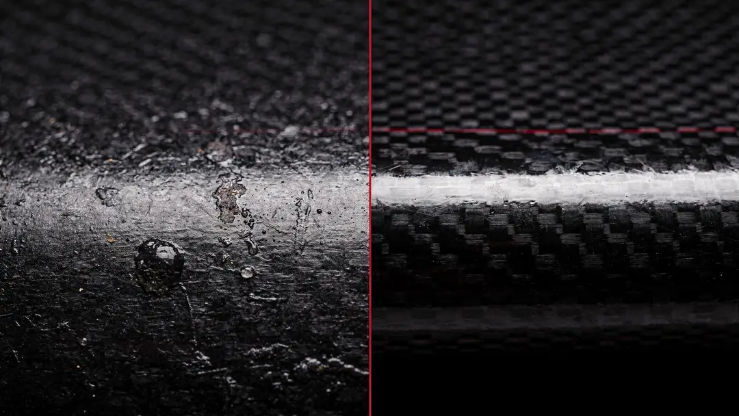 Wet-lay (left) and pre-preg (right) weave, side by side.