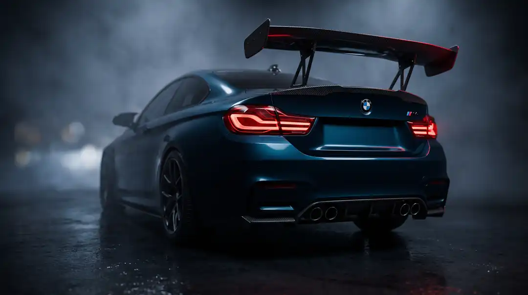 The carbon diffuser frames the quad exhaust tips; the raised wing finishes the rear.