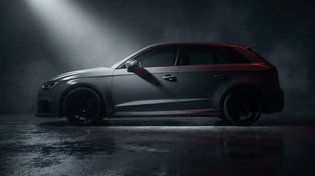 Carbon side skirt, mirror cap and a low stance — the RS3’s signature in profile.