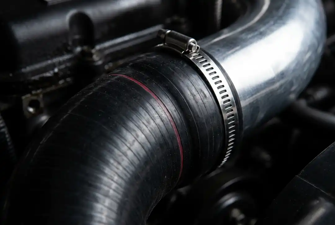 The seal that holds boost: a reinforced silicone coupler clamped to an aluminium pipe with a stainless worm-gear band.