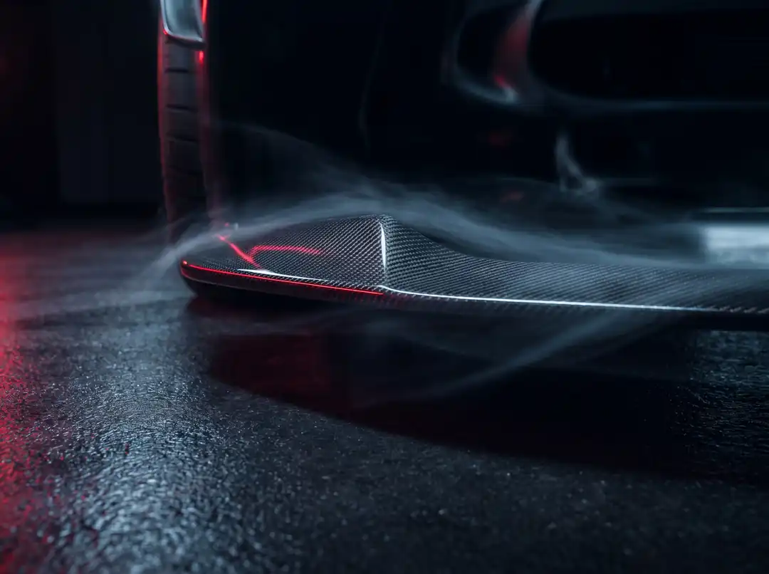 The carbon front splitter divides the oncoming air — pressure above, low pressure below.