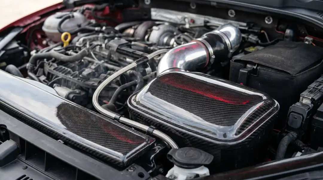 A carbon cold-air intake in the engine bay — isolating the filter from engine heat.