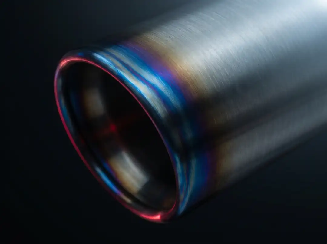 Heat-formed iridescent patina on a titanium exhaust tip.