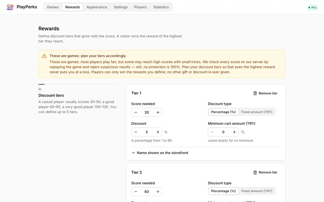 PlayPerks rewards: score-based discount tiers