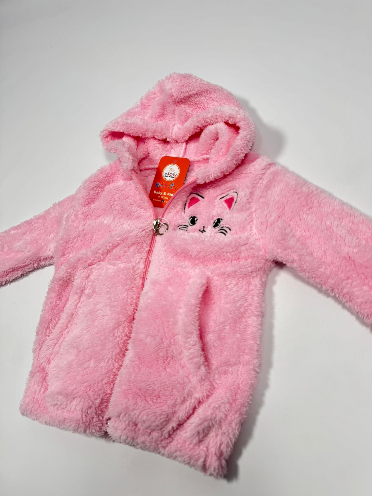 KEDİ BASKILI KAPŞONLU PELUŞ CEKET