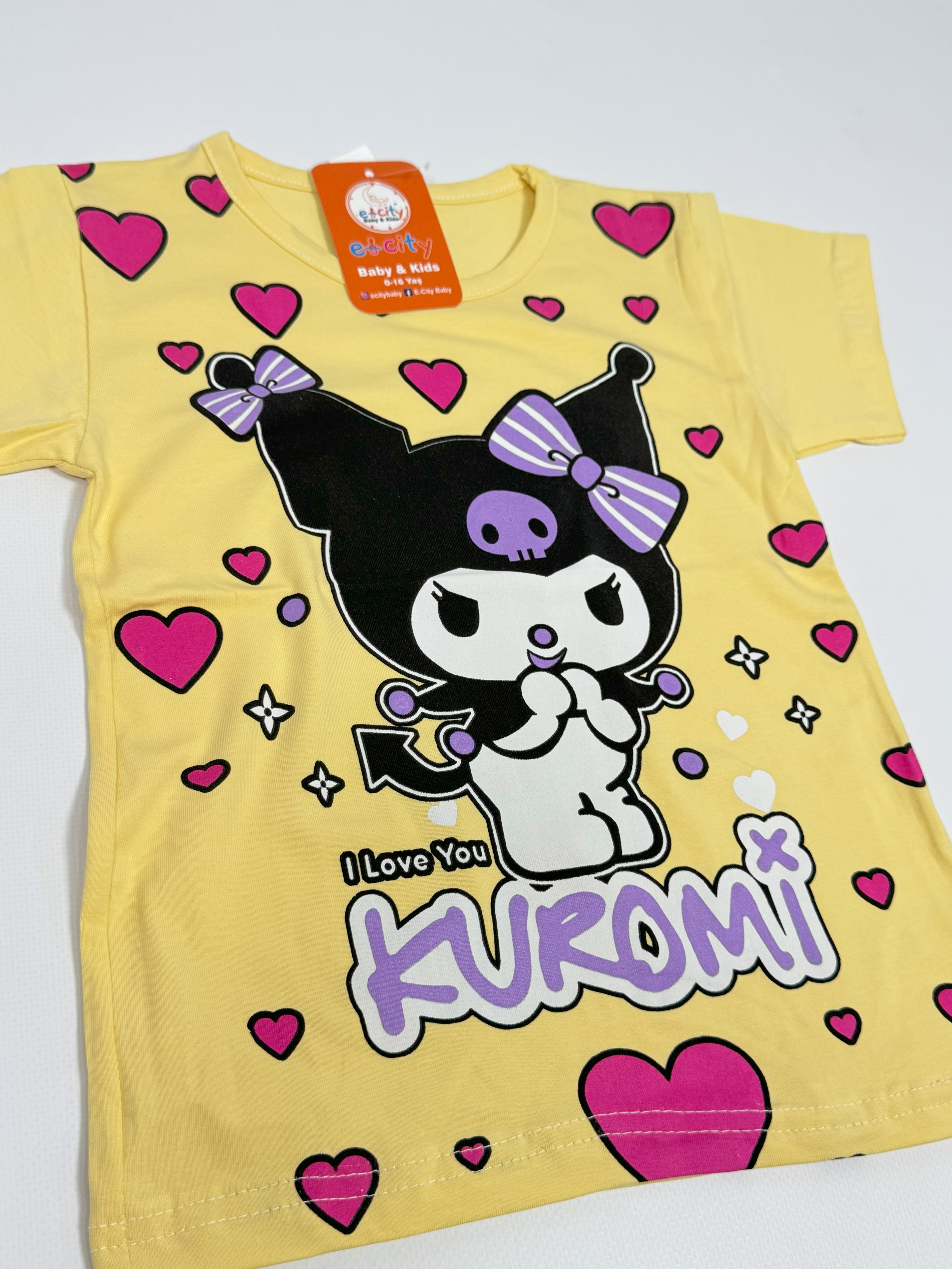 KUROMİ VE MELODY BASKILI TİŞÖRT SARI