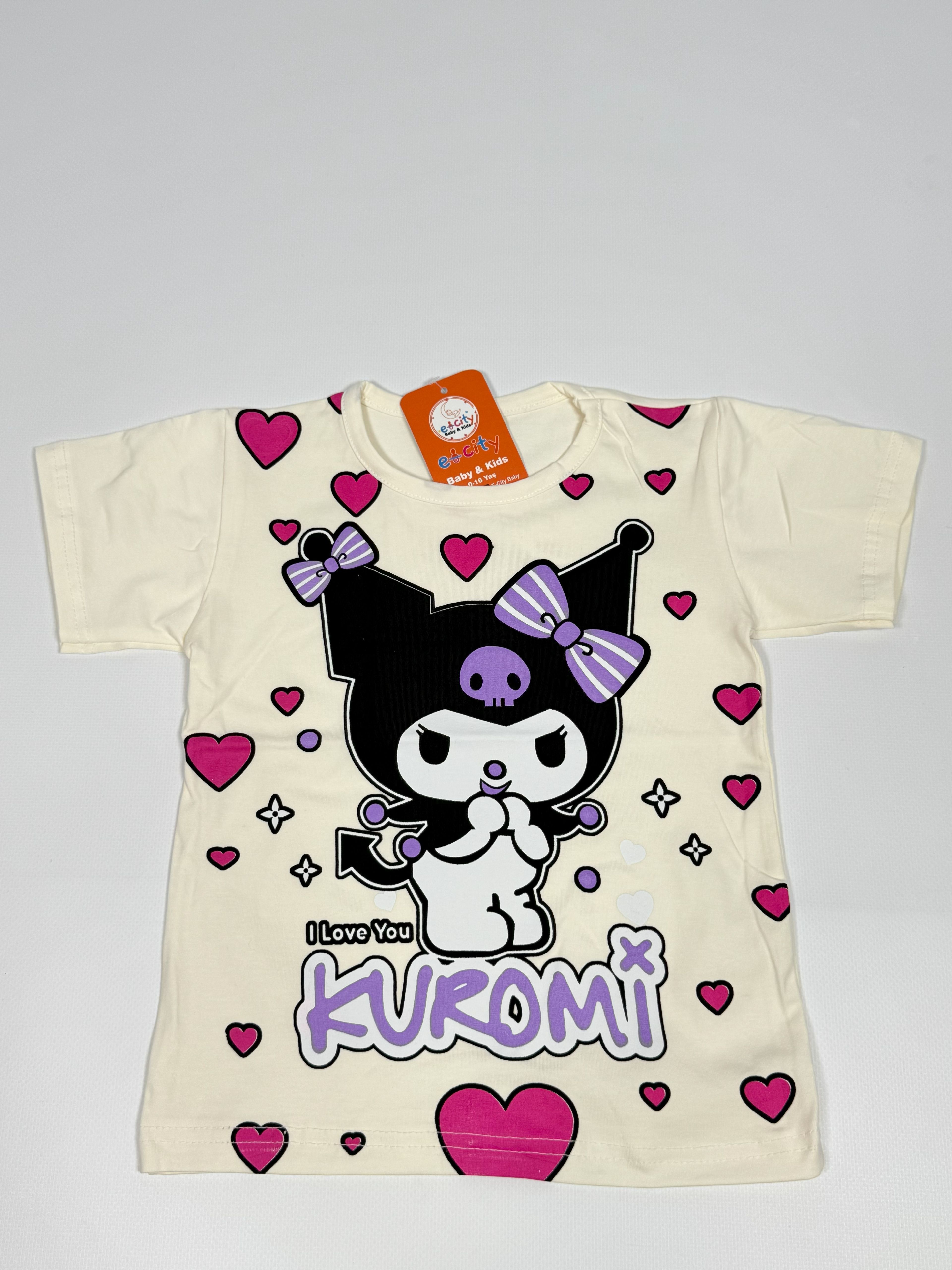 KUROMİ VE MELODY BASKILI TİŞÖRT KREM