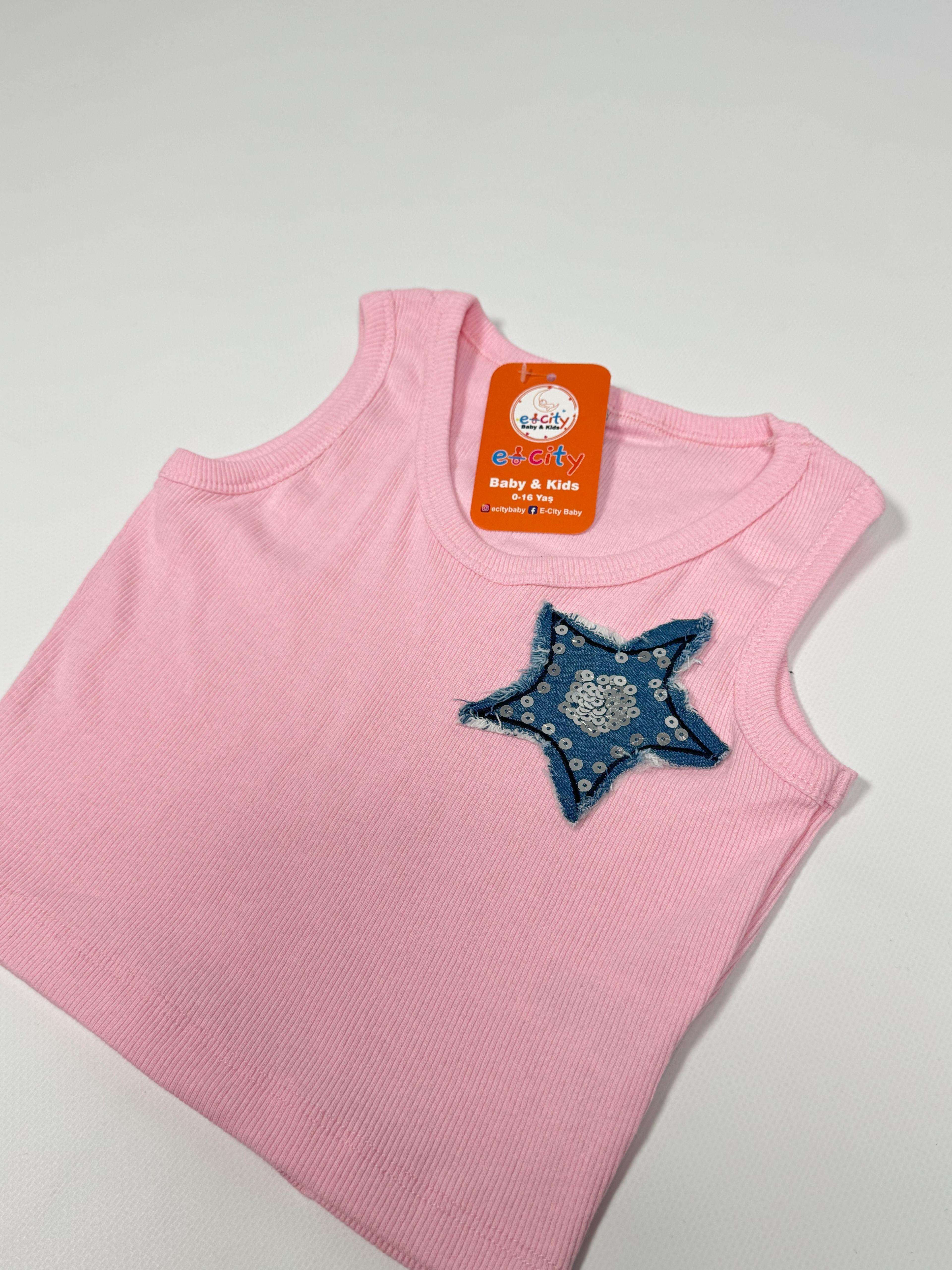 YILDIZ DESENLİ PEMBE ASKILI CROP