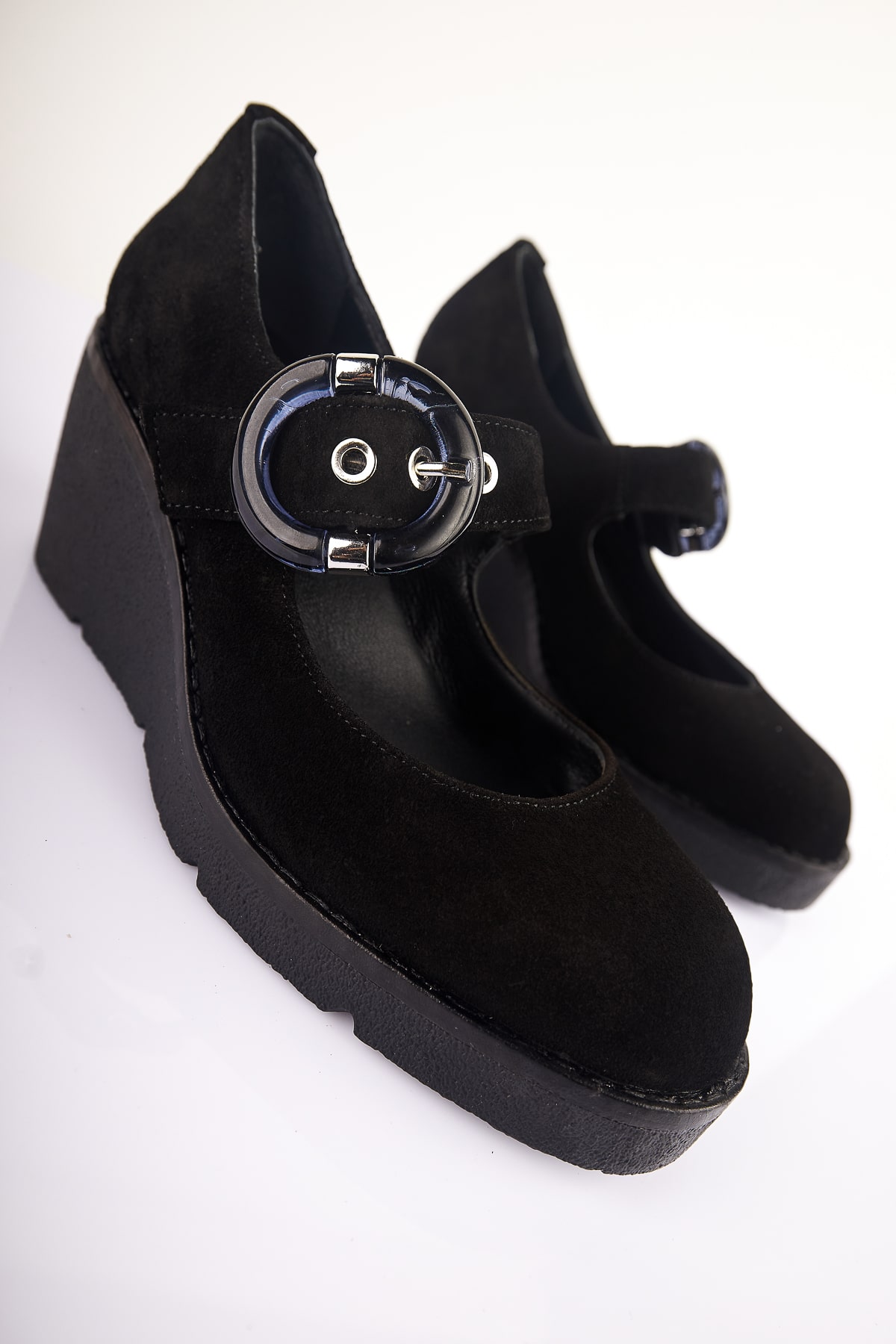 NO93 Siyah Hakiki Süet Deri Dolgu Topuklu Loafer