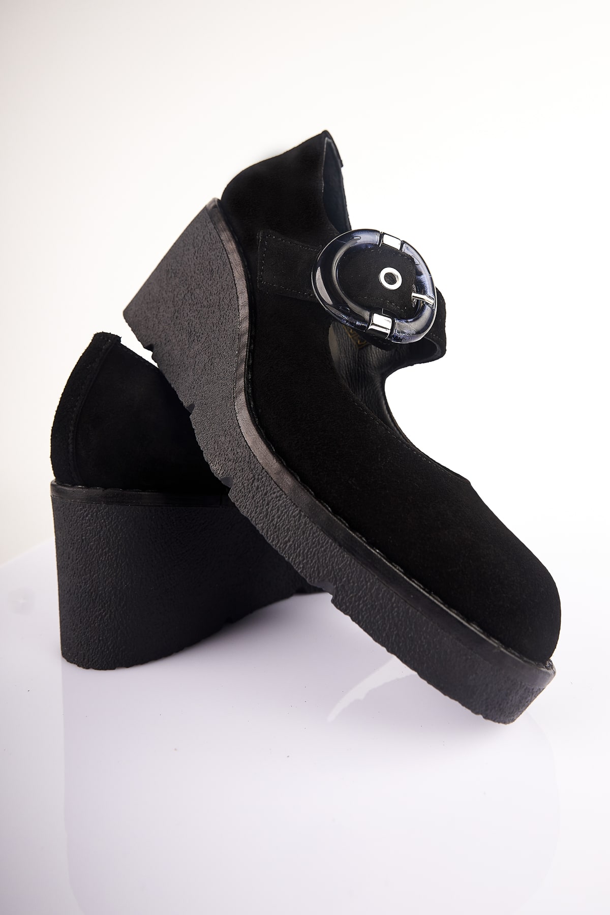 NO93 Siyah Hakiki Süet Deri Dolgu Topuklu Loafer