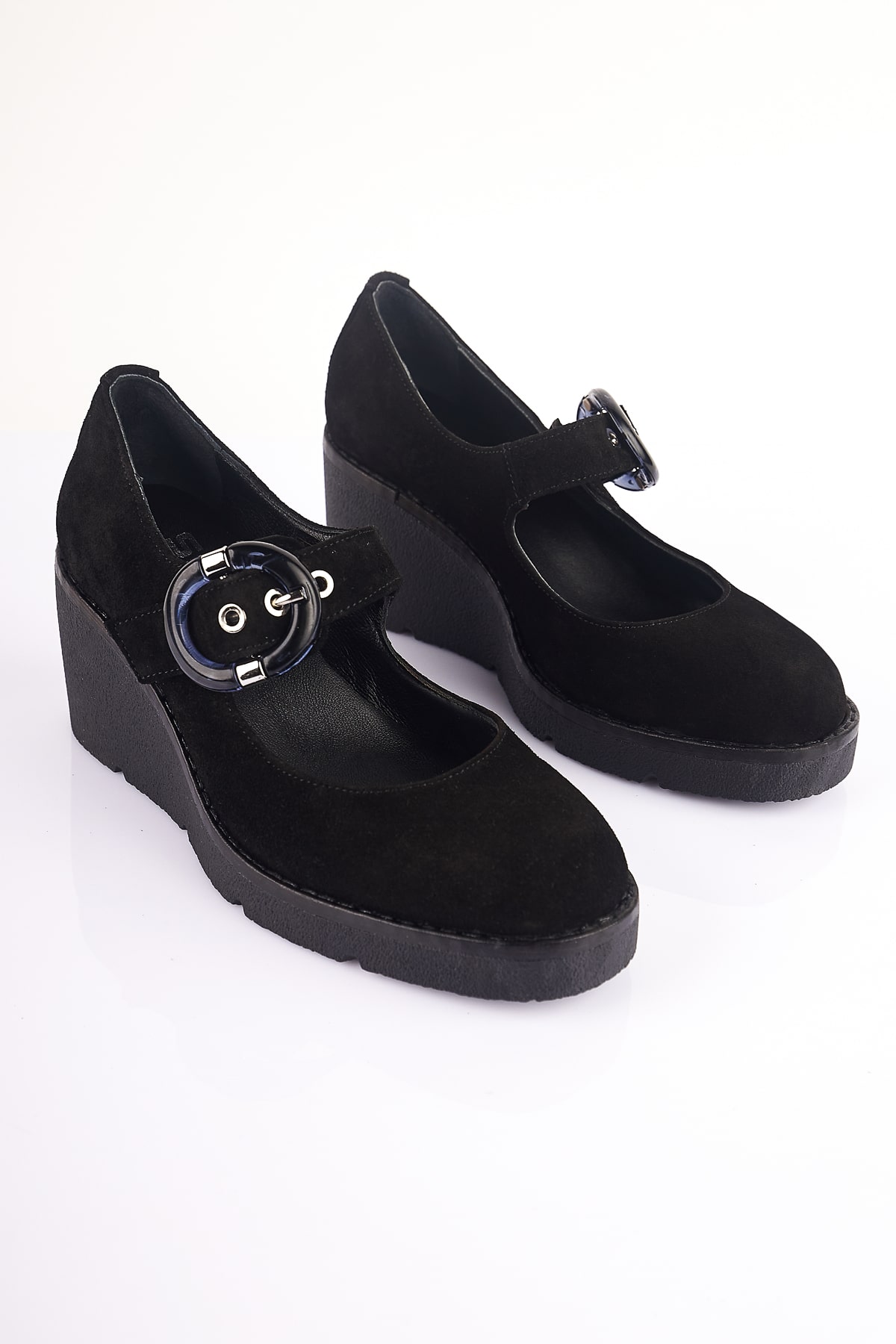 NO93 Siyah Hakiki Süet Deri Dolgu Topuklu Loafer