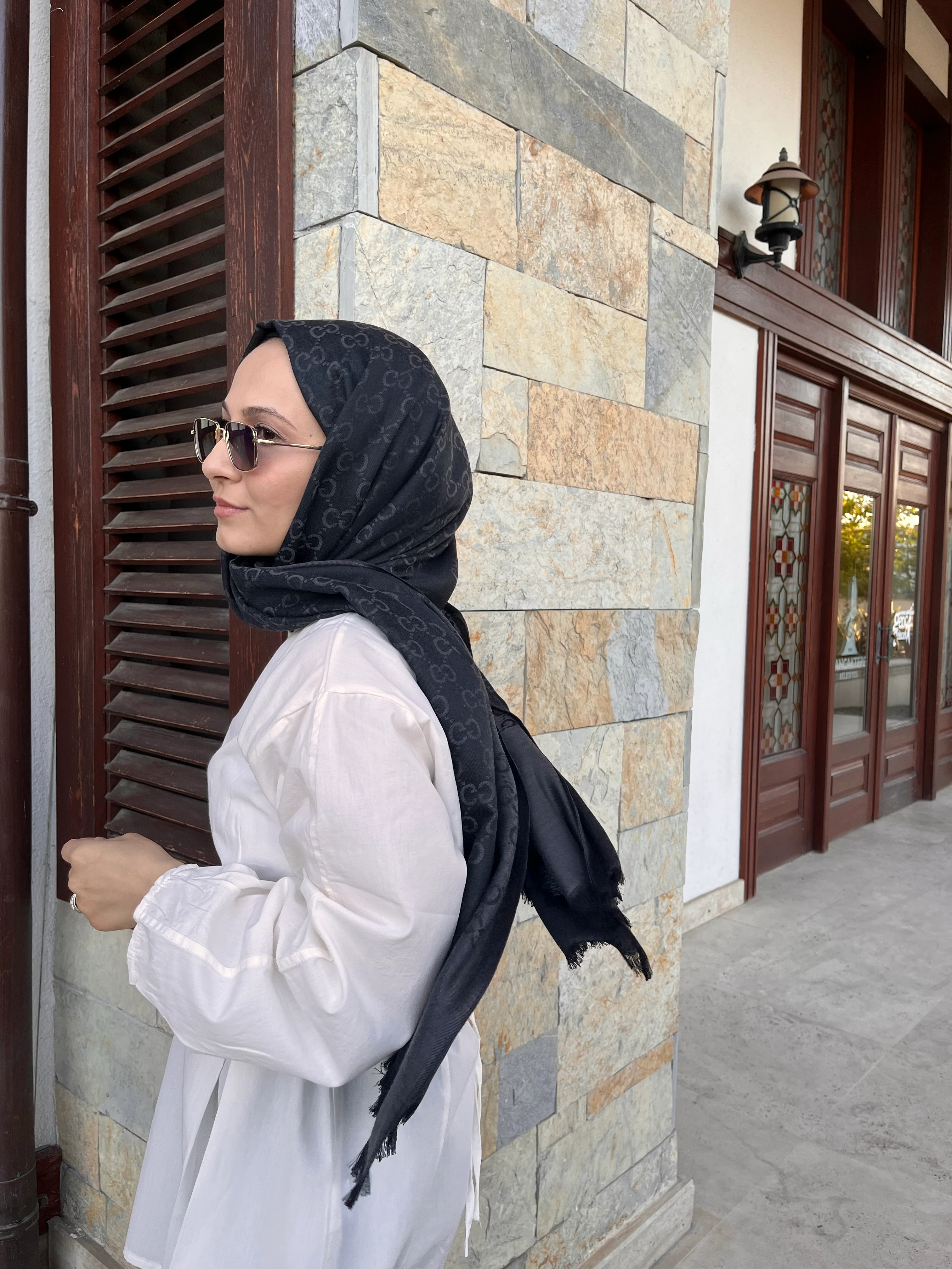 G Desen Yün Pamuk Şal - Antrasit image