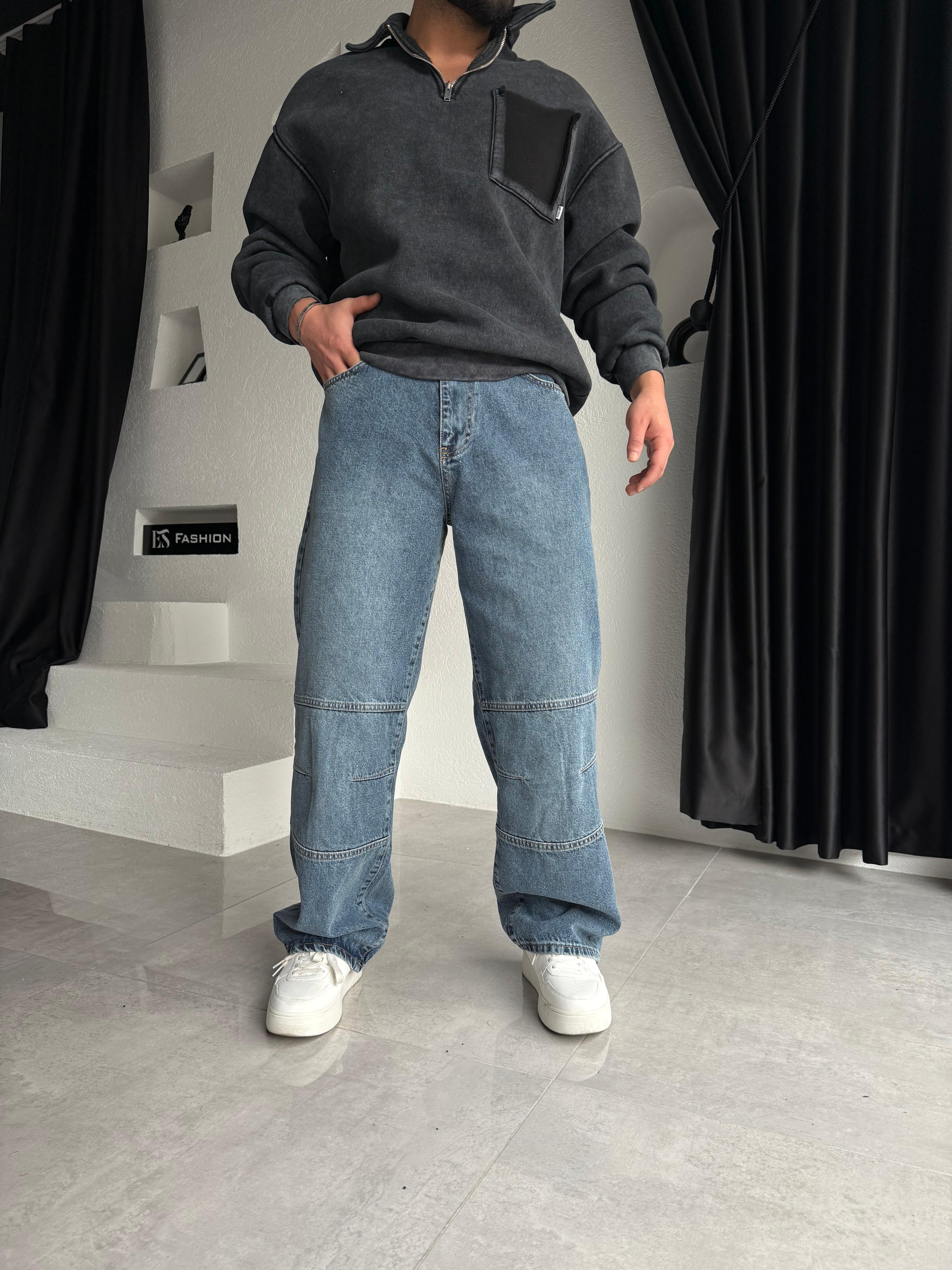 DİZ DETAYLI BAGGY JEANS MAVİ