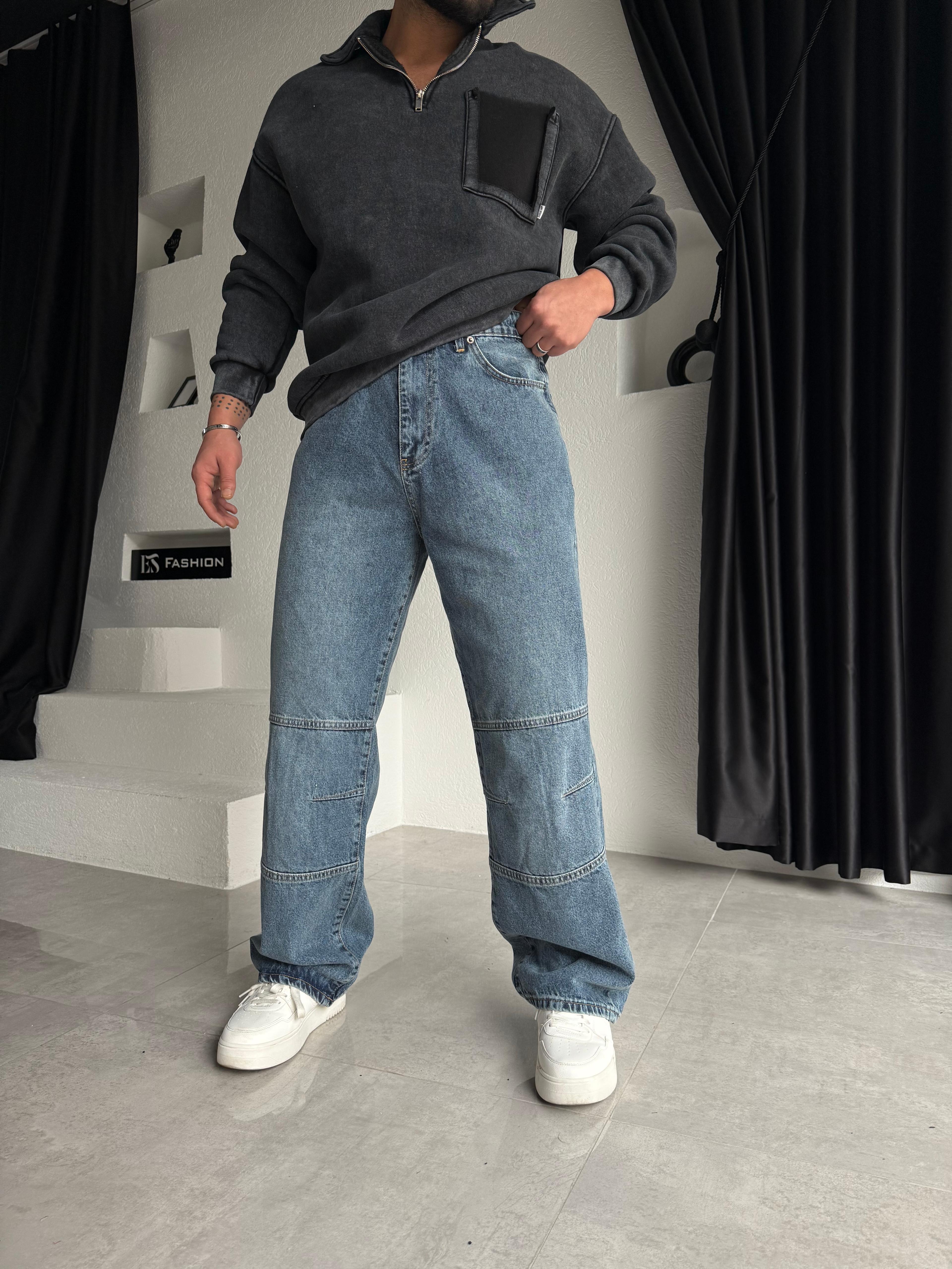 DİZ DETAYLI BAGGY JEANS MAVİ