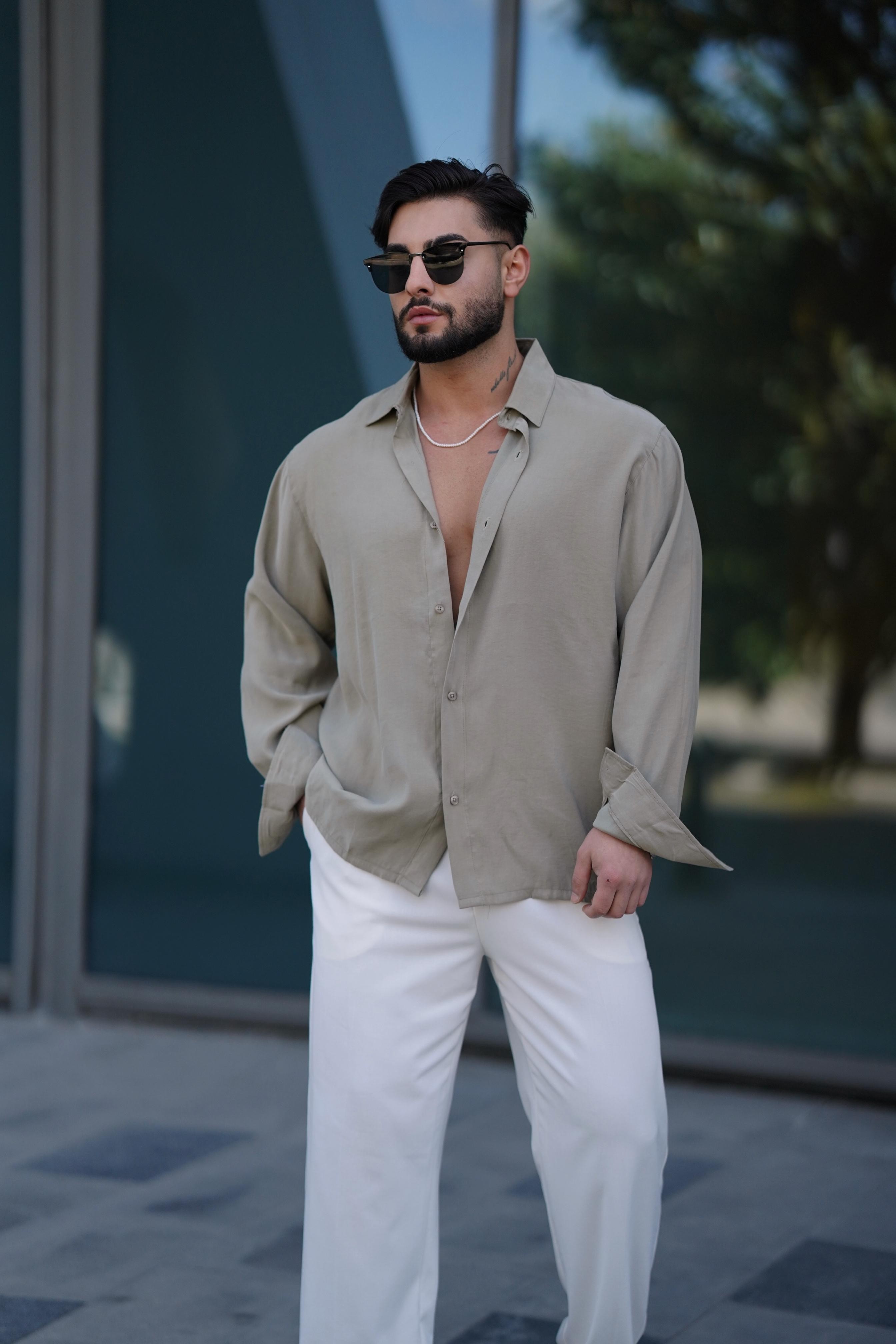 Basic Oversize Haki Uzun Kol Gömlek