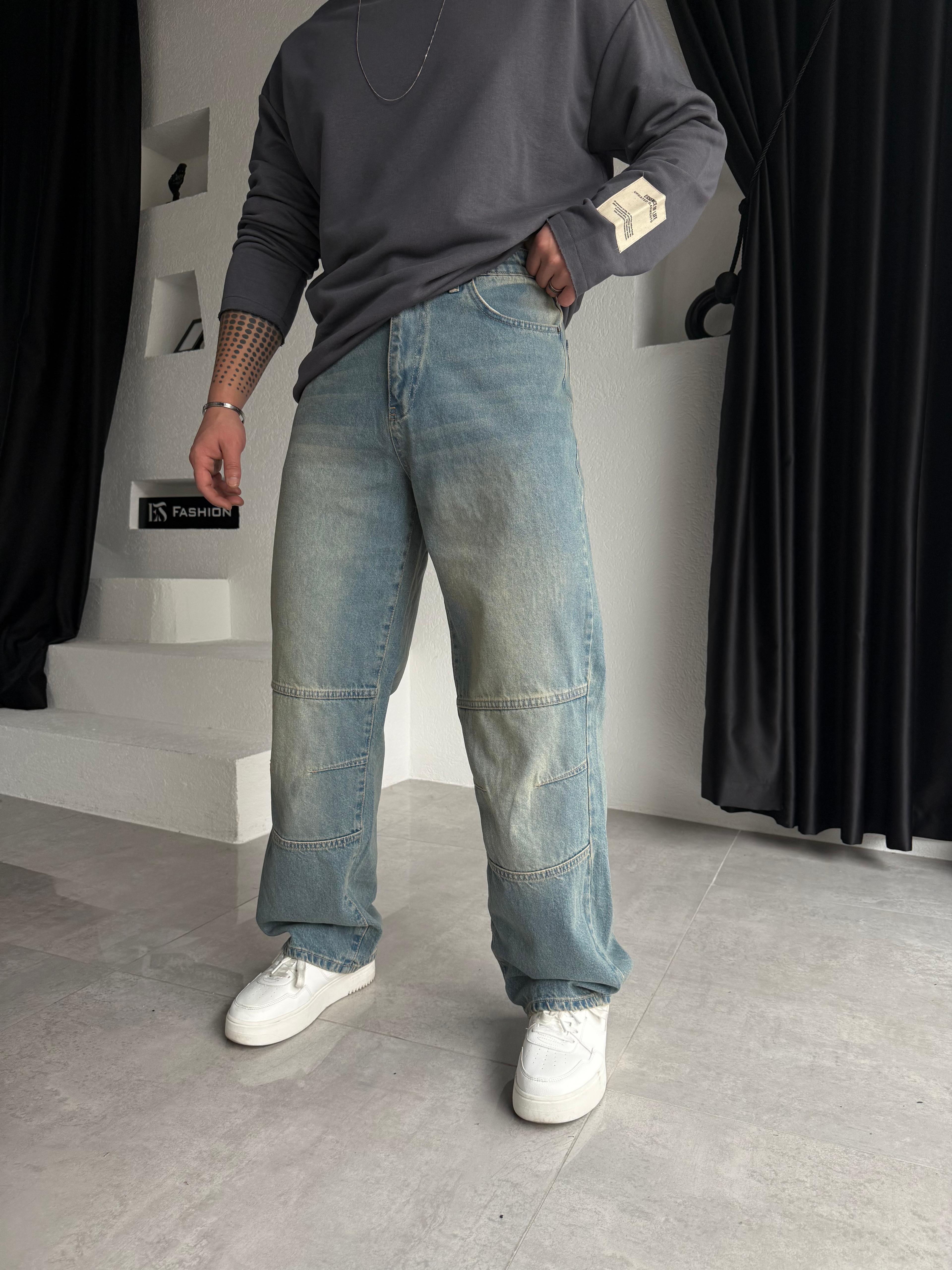 DİZ DETAYLI BAGGY JEANS BUZ GRİ