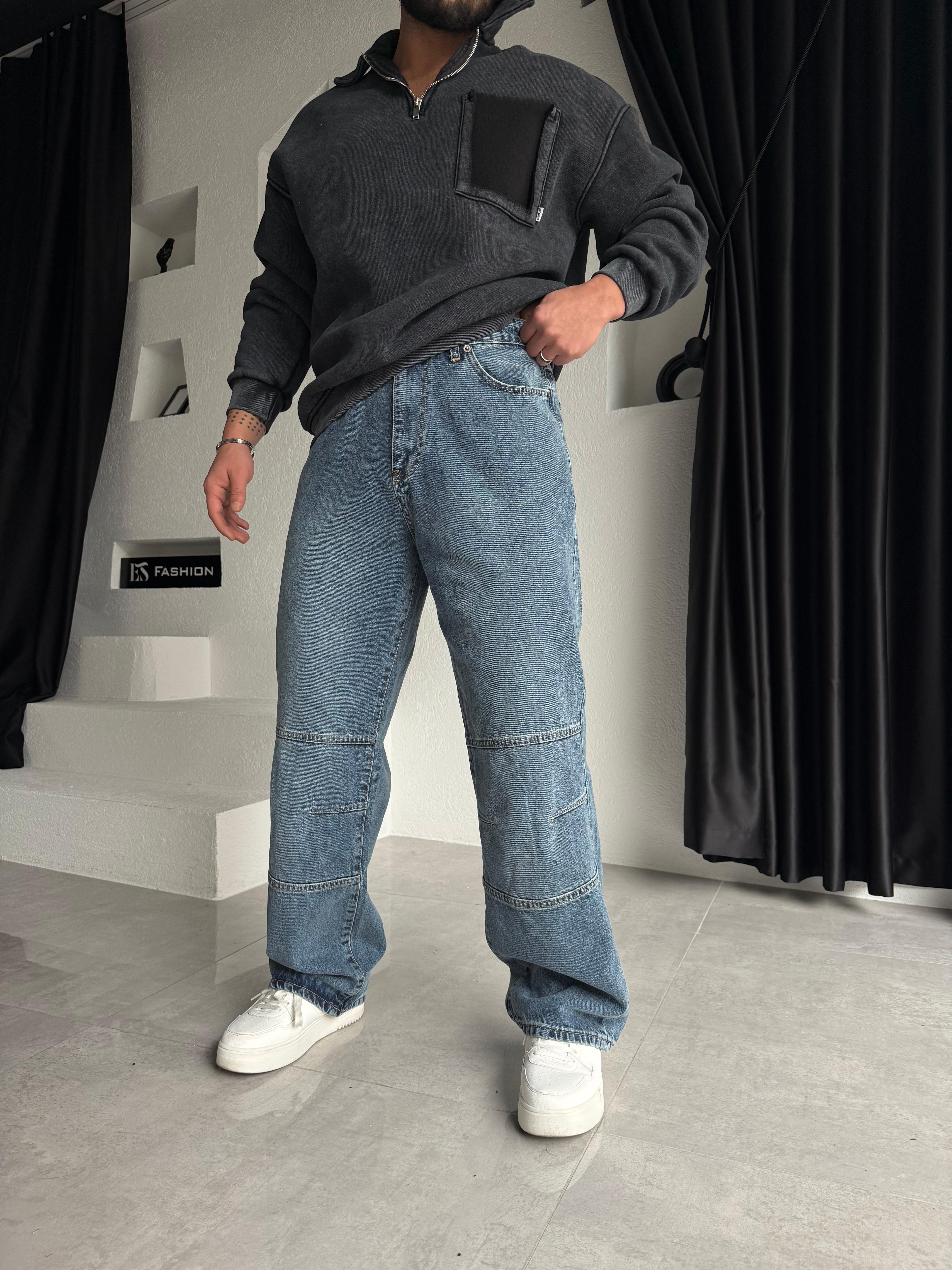 DİZ DETAYLI BAGGY JEANS MAVİ