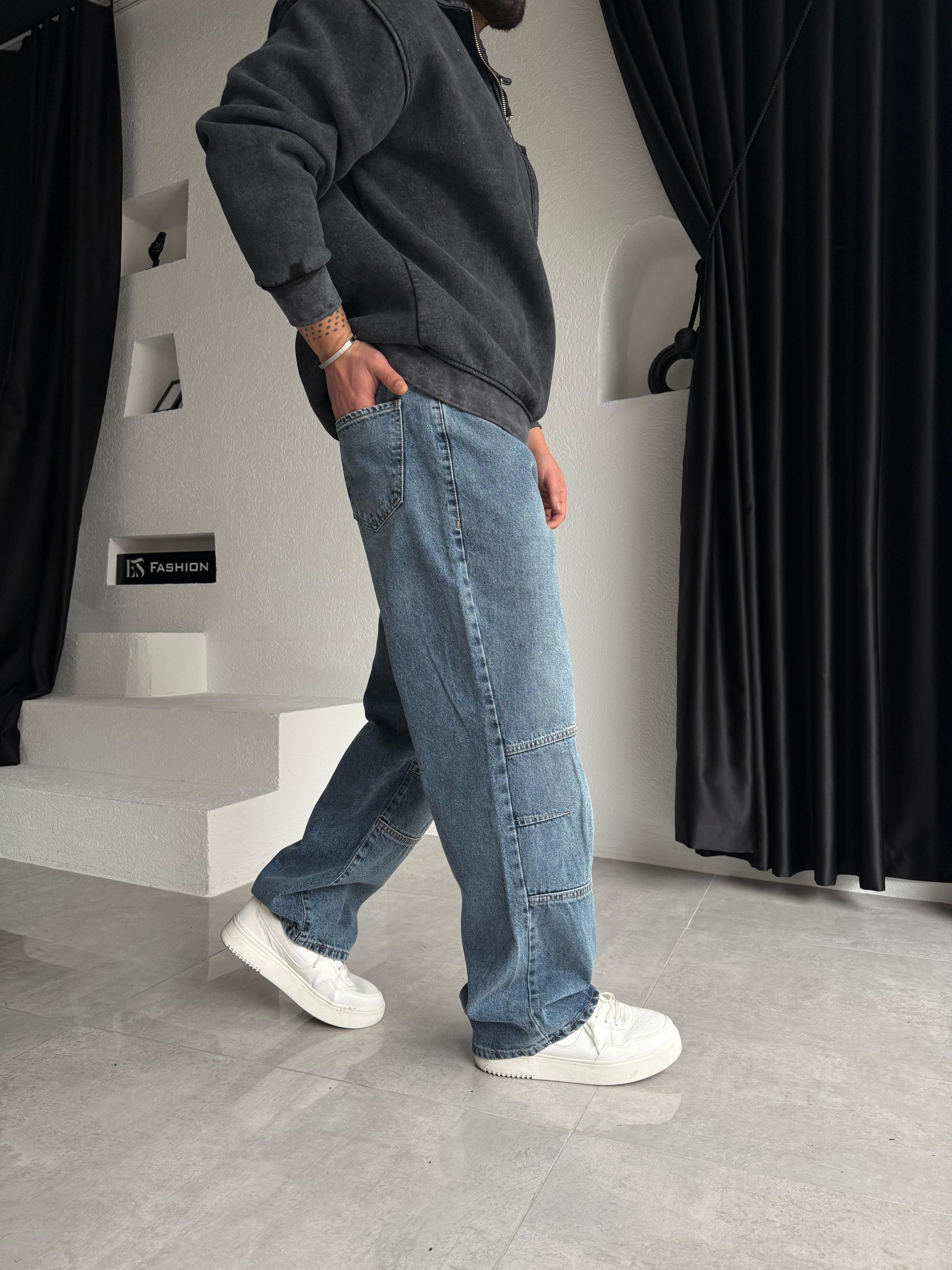 DİZ DETAYLI BAGGY JEANS MAVİ