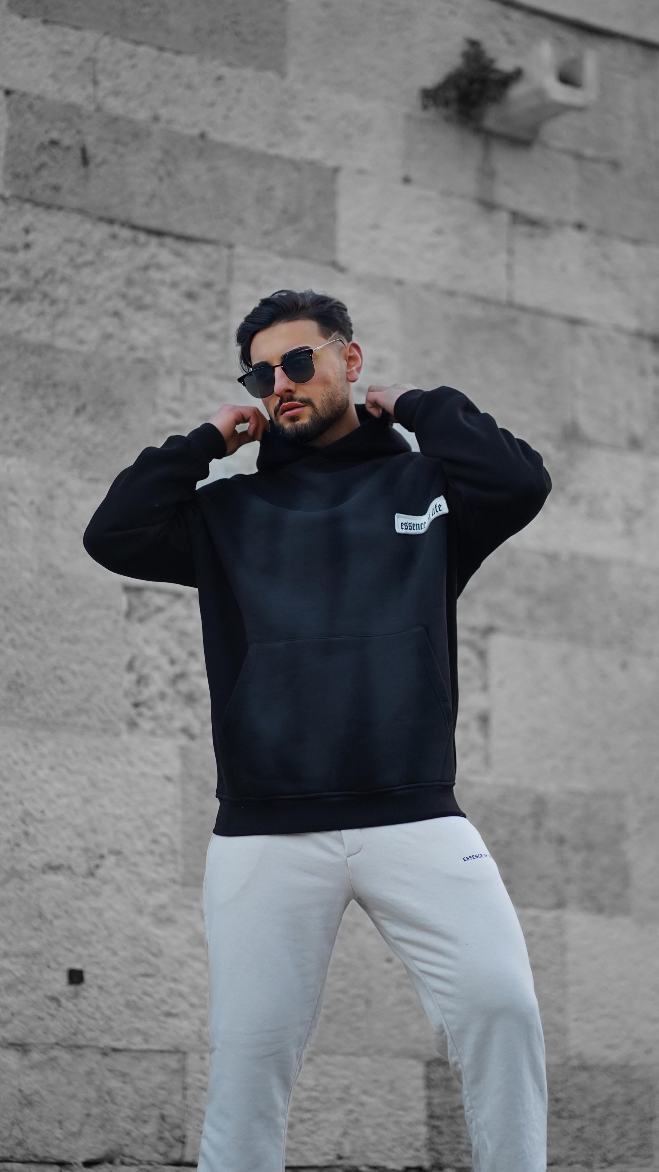 BASKILI OVERSİZE KAPÜŞONLU SWEAT SİYAH