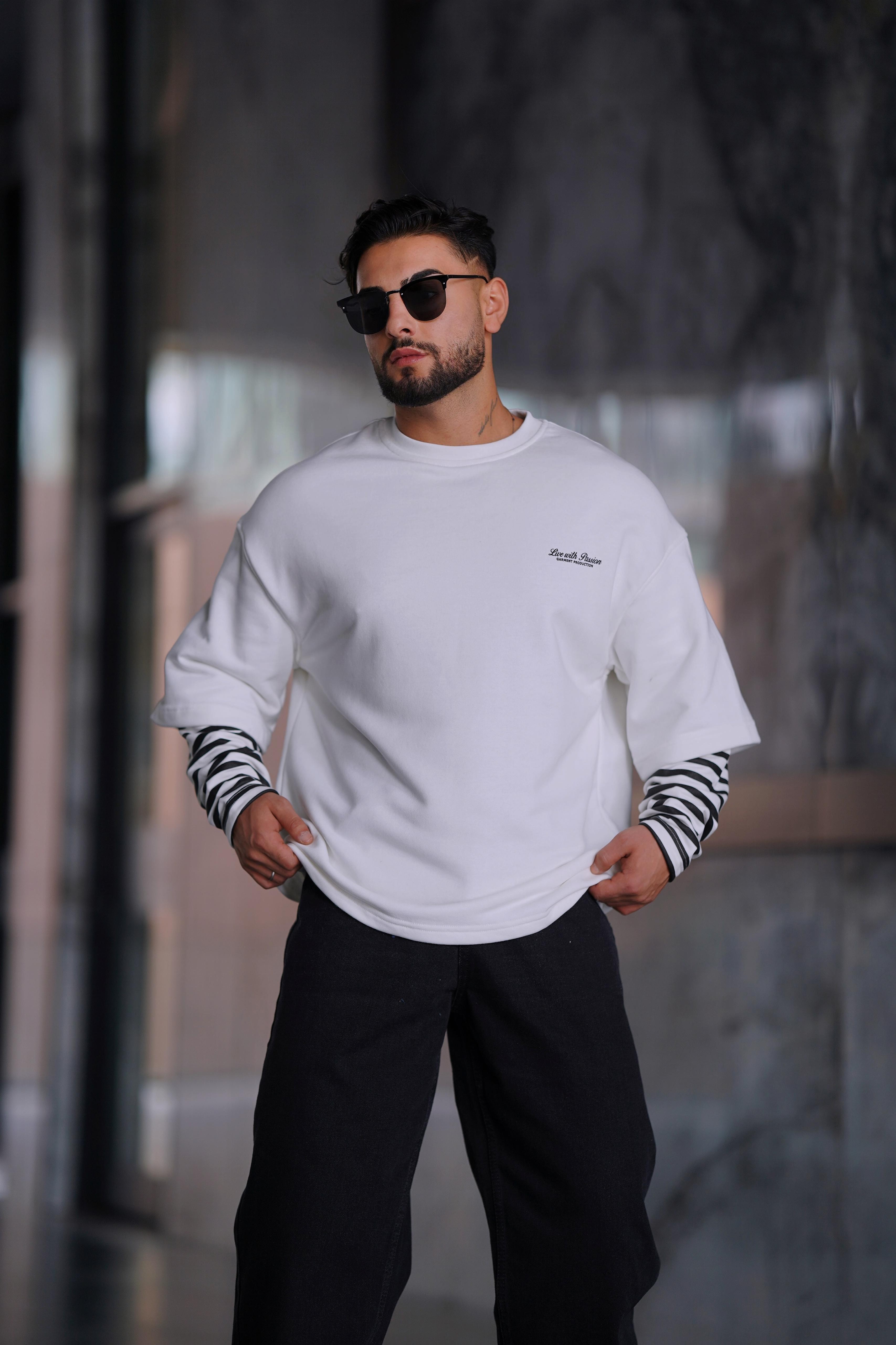 ÇİFT KOL DETAYLI OVERSİZE SWEAT BEYAZ