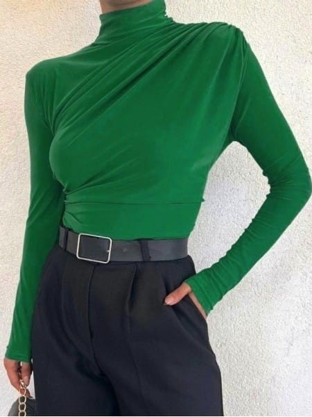 Yarım Boğaz Büzgülü Sandy Bluz - Yeşil
