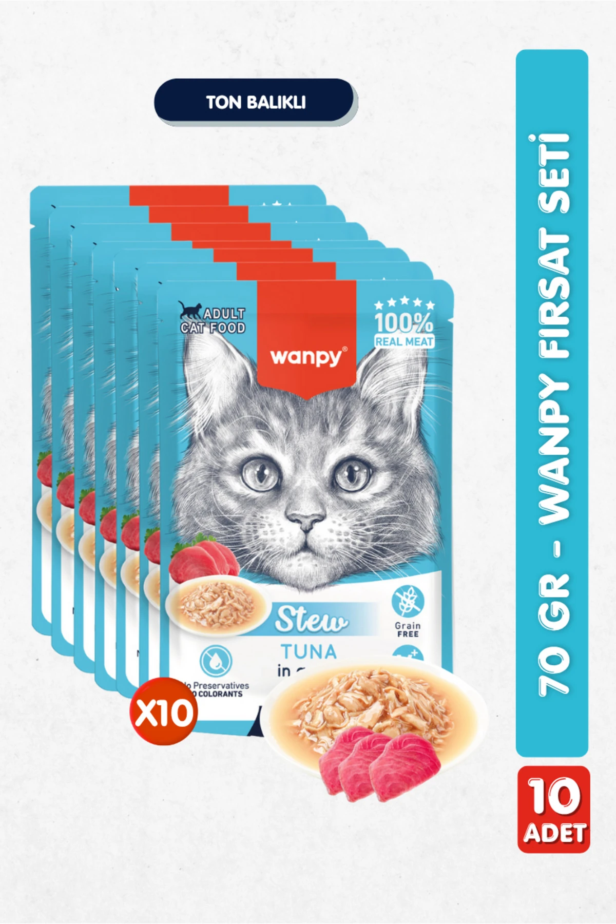 10lu Yetişkin Kedi Yaş Maması Ton Balıklı Premium Kalite 10 x 70 gr