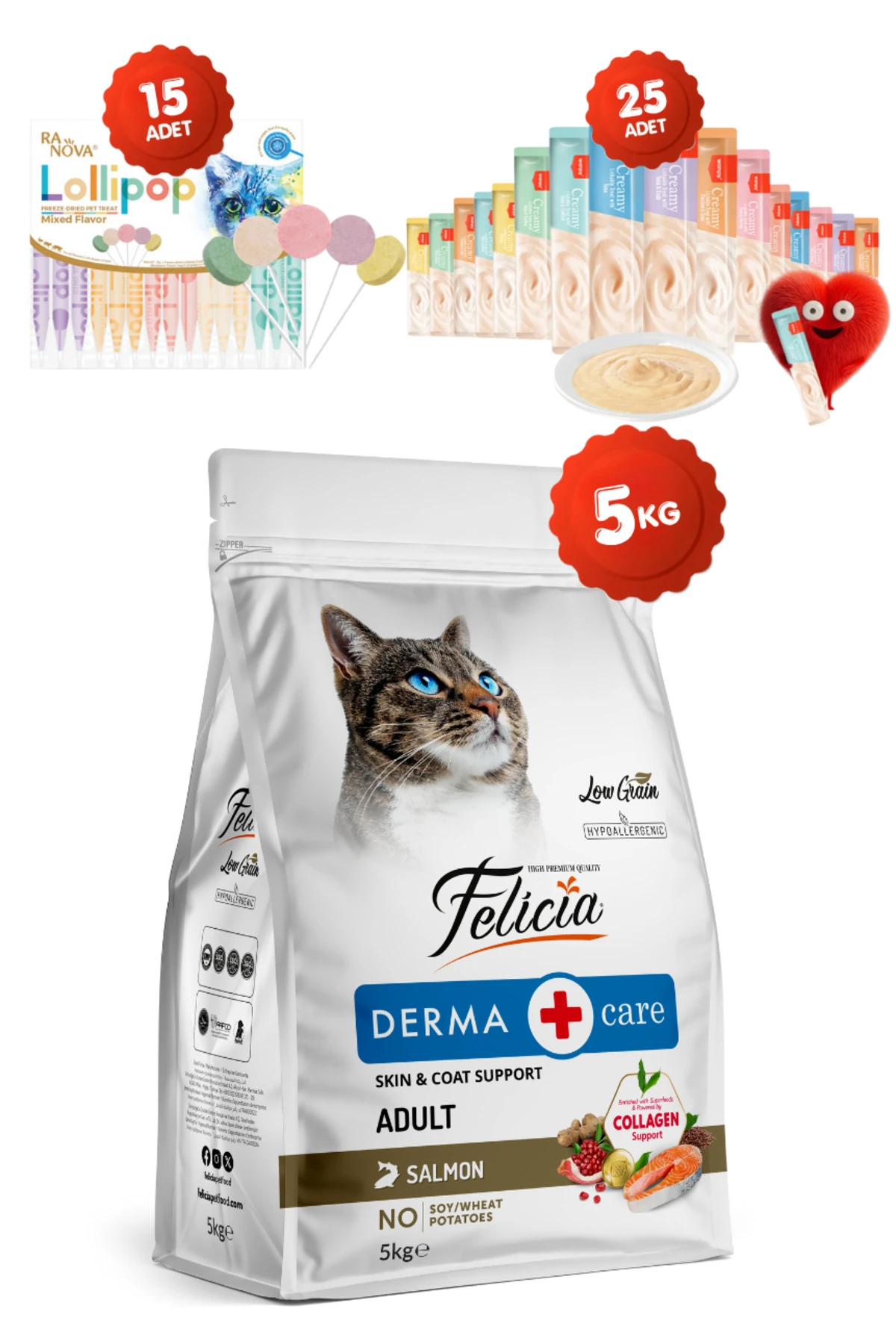 5 kg Somonlu Hipoalerjenik Düşük Tahıllı Yetişkin Kedi Maması 25li Kedi Ödülü Krema 15li Lolipop