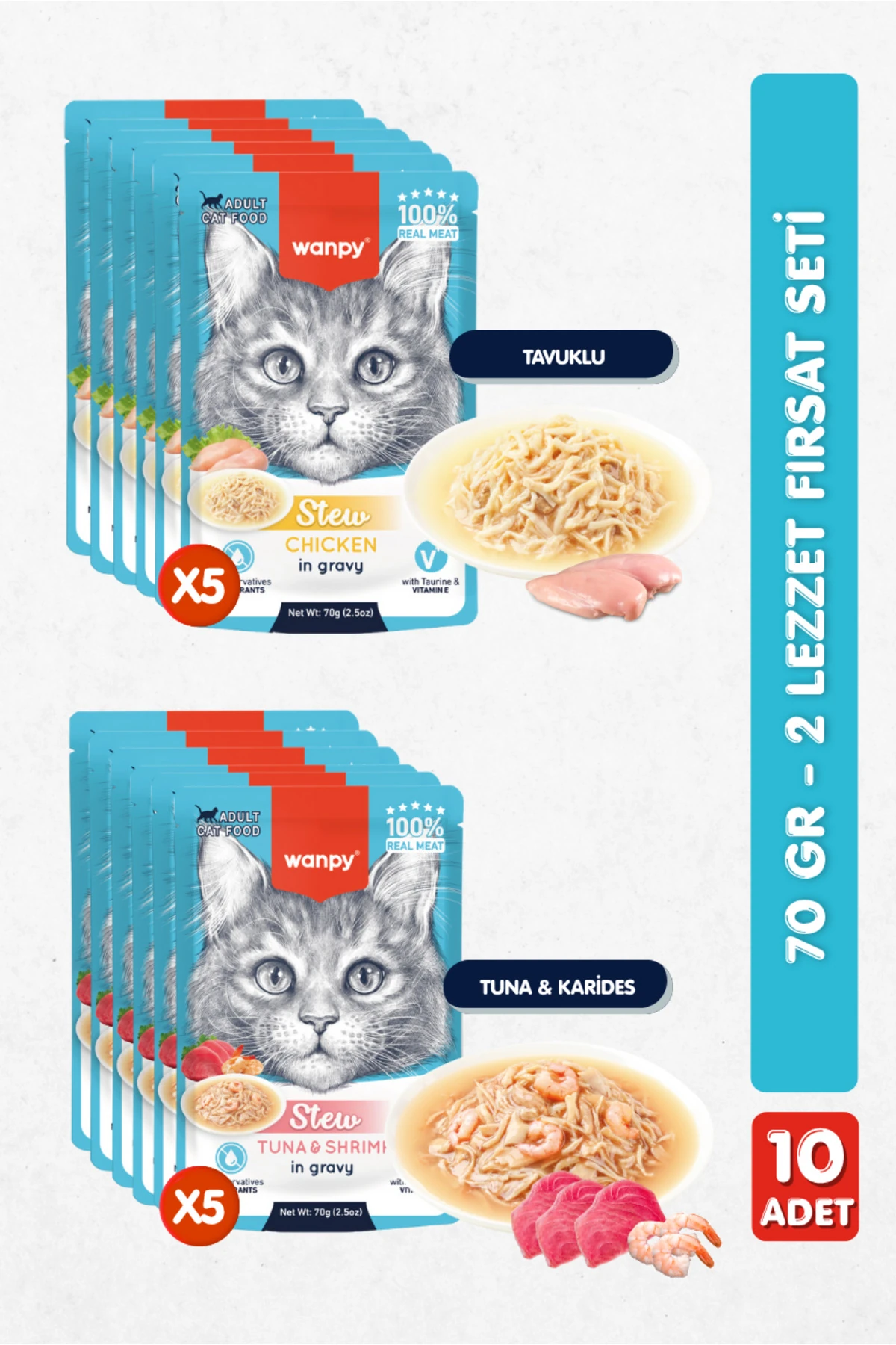 10lu Karışık Yetişkin Kedi Yaş Maması 2 Lezzet Ton Karides & Tavuk Premium Kalite 10 x 70 gr