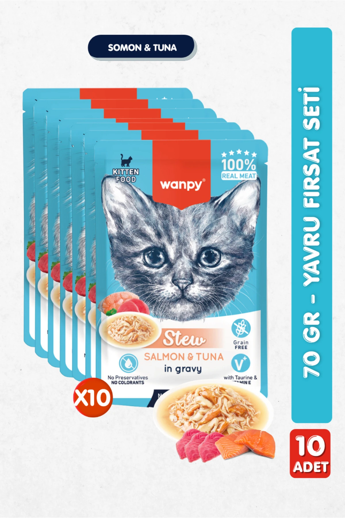 10lu Yavru Kedi Yaş Maması Somon & Ton Balıklı Premium Kalite 10 x 70 gr