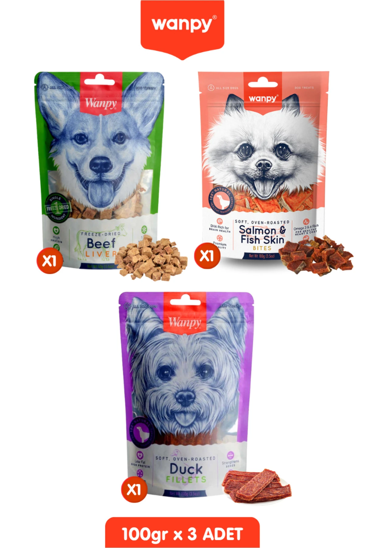 3lü Köpek Ödülü Seti - Dana Ciğeri, Somon Dilimleri ve Ördek Fileto Köpek Ödül Maması 100 Gr