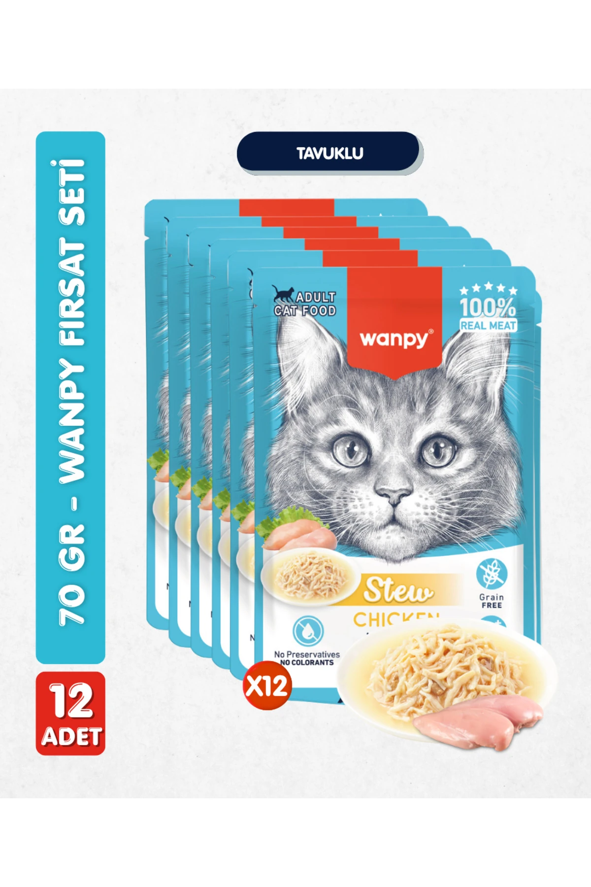 12li Yetişkin Kedi Yaş Maması Tavuklu Premium Kalite 12 x 70 gr