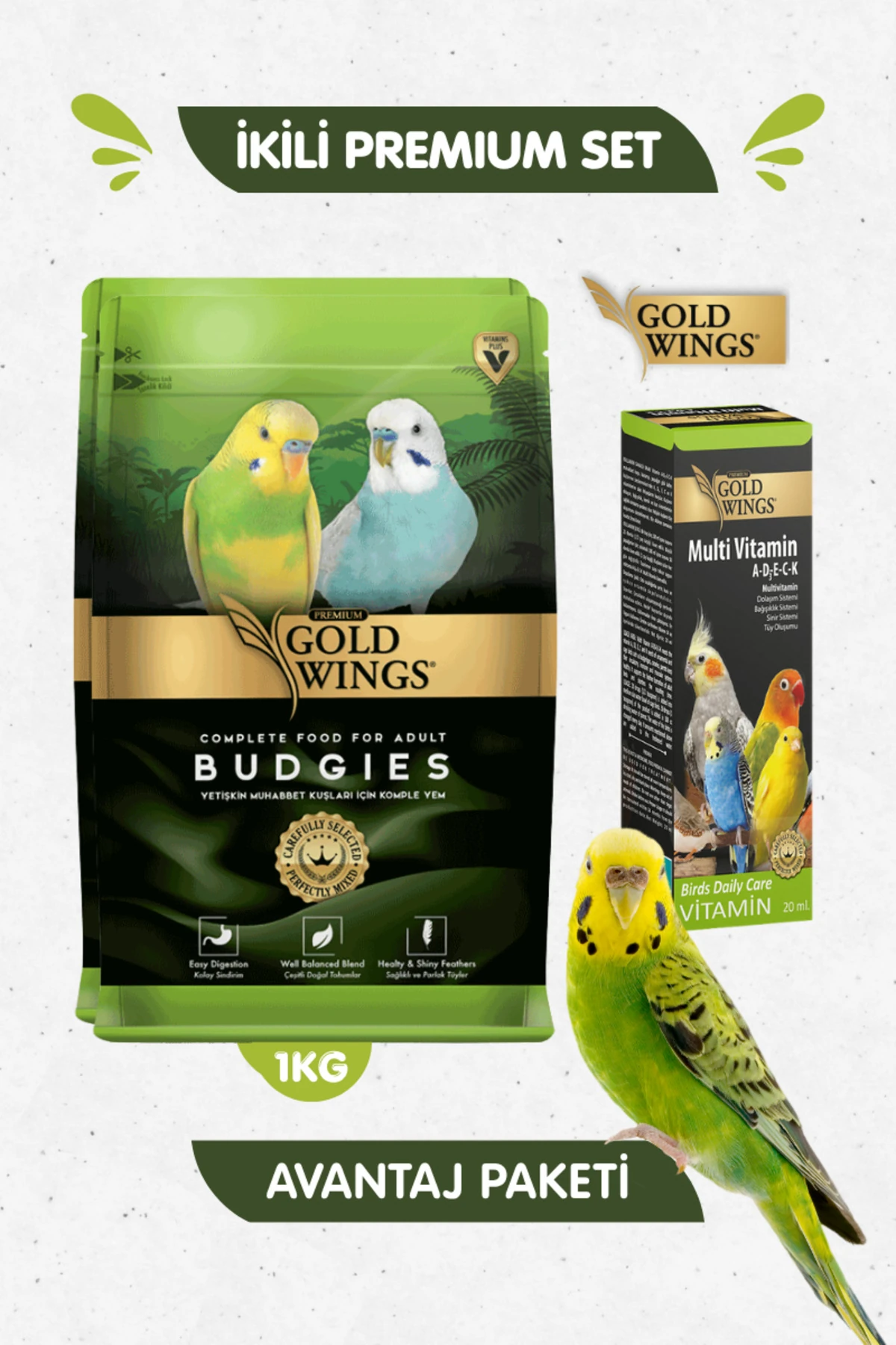 2li Set - Premium Muhabbet Kuşu Yemi 1 Kg + Muhabbet Kuşu Multivitamin Tüy Oluşum Desteği 20ml