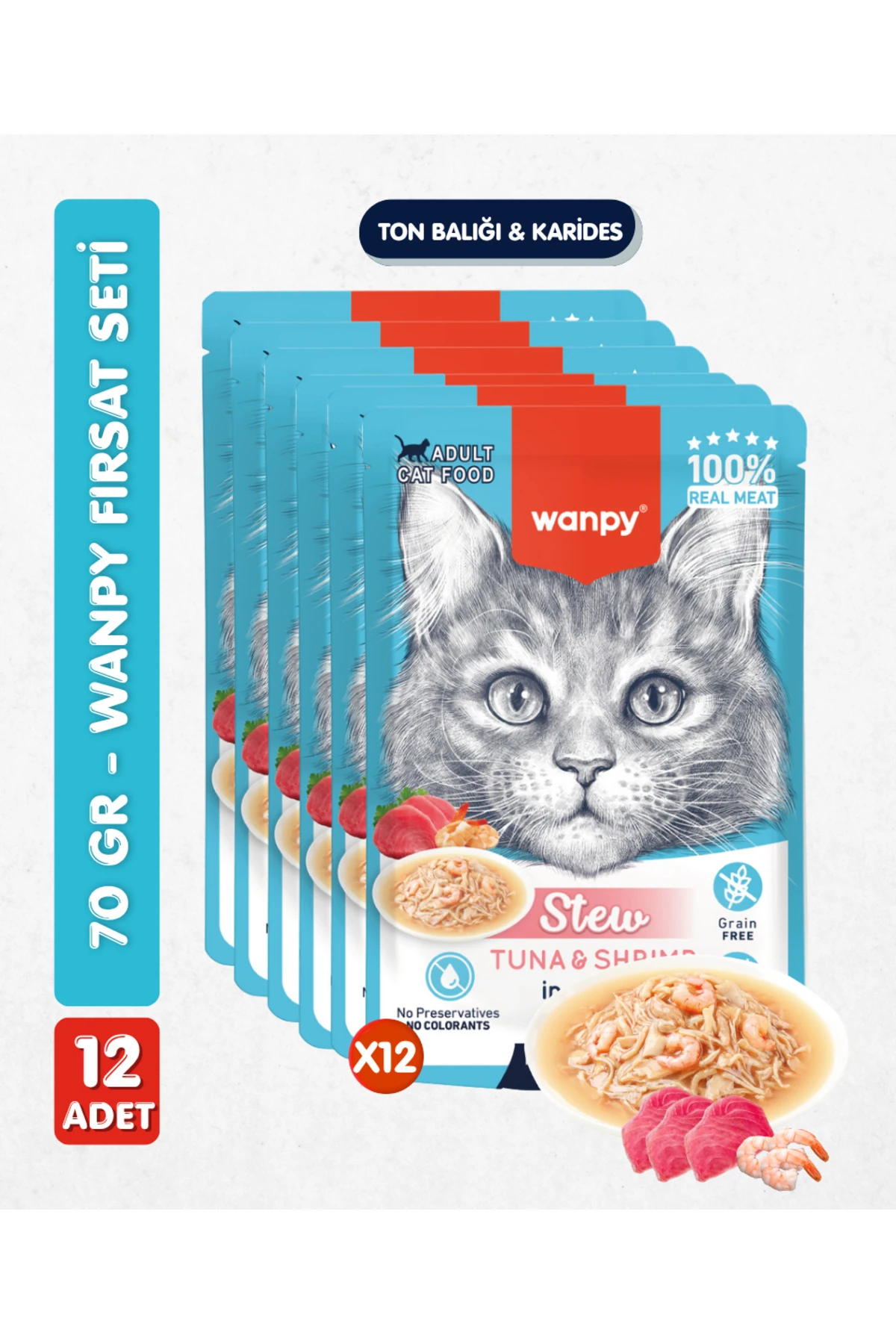 12li Yetişkin Kedi Yaş Maması Ton Balığı & Karides Premium Kalite 12 x 70 gr