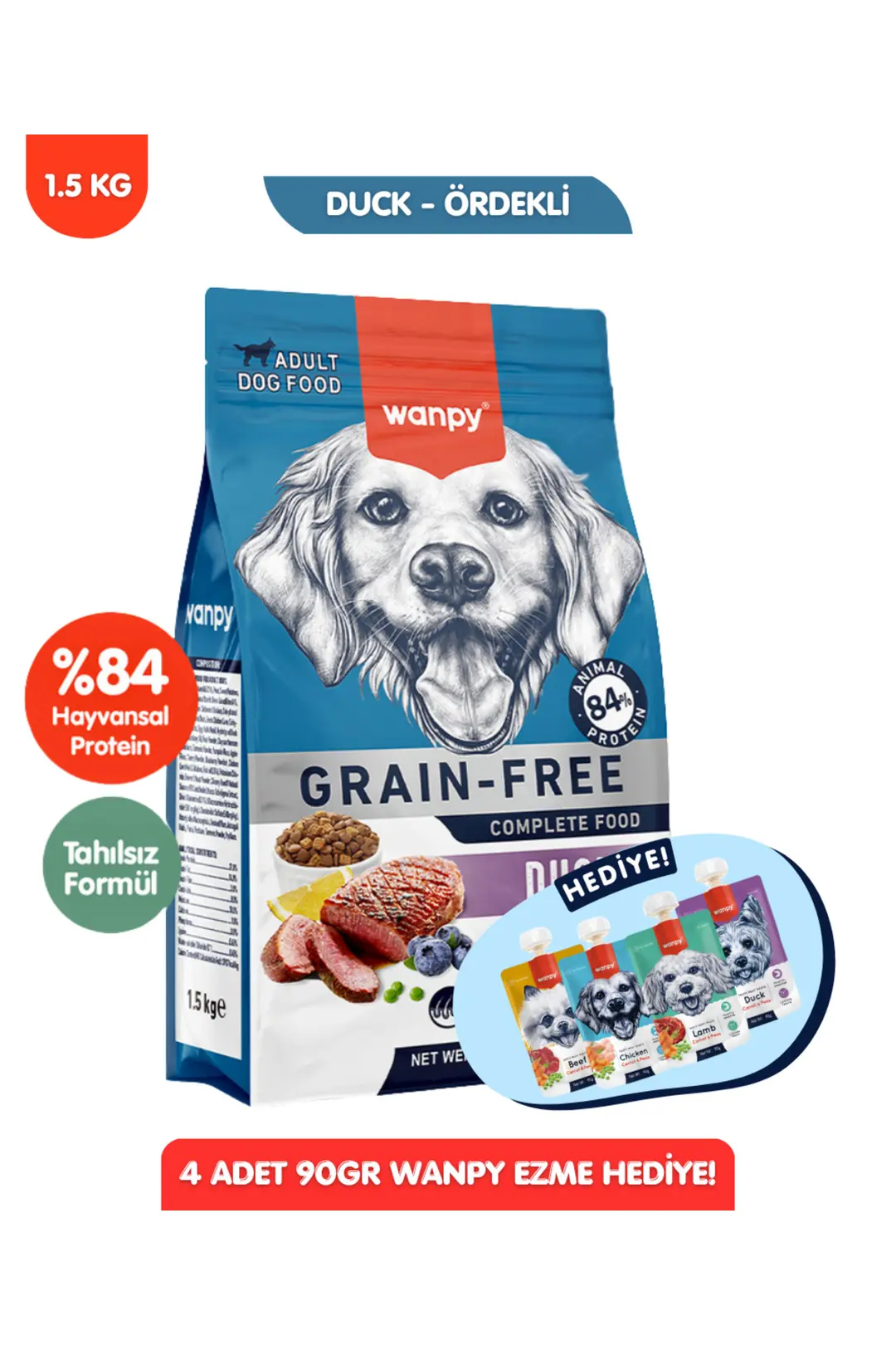HEDİYELİ Ördekli Tahılsız Yetişkin Köpek Maması 1,5kg + 4lü Yaş