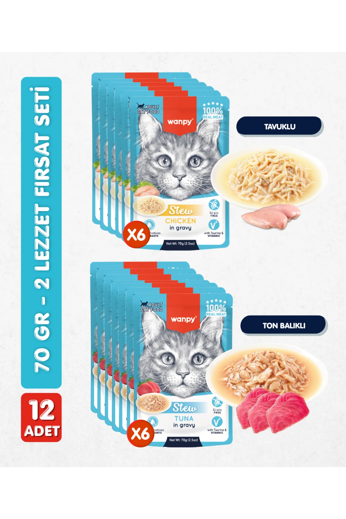 12li Karışık Yetişkin Kedi Yaş Maması 2 Lezzet Ton & Tavuk Premium Kalite 12 x 70 gr