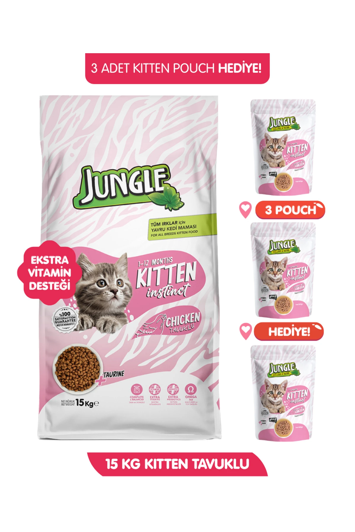 15 kg Yavru Kedi Maması Tavuklu Kitten Mama 3 Adet Kitten Pouch Hediyeli Ekstra Vitamin Destekli