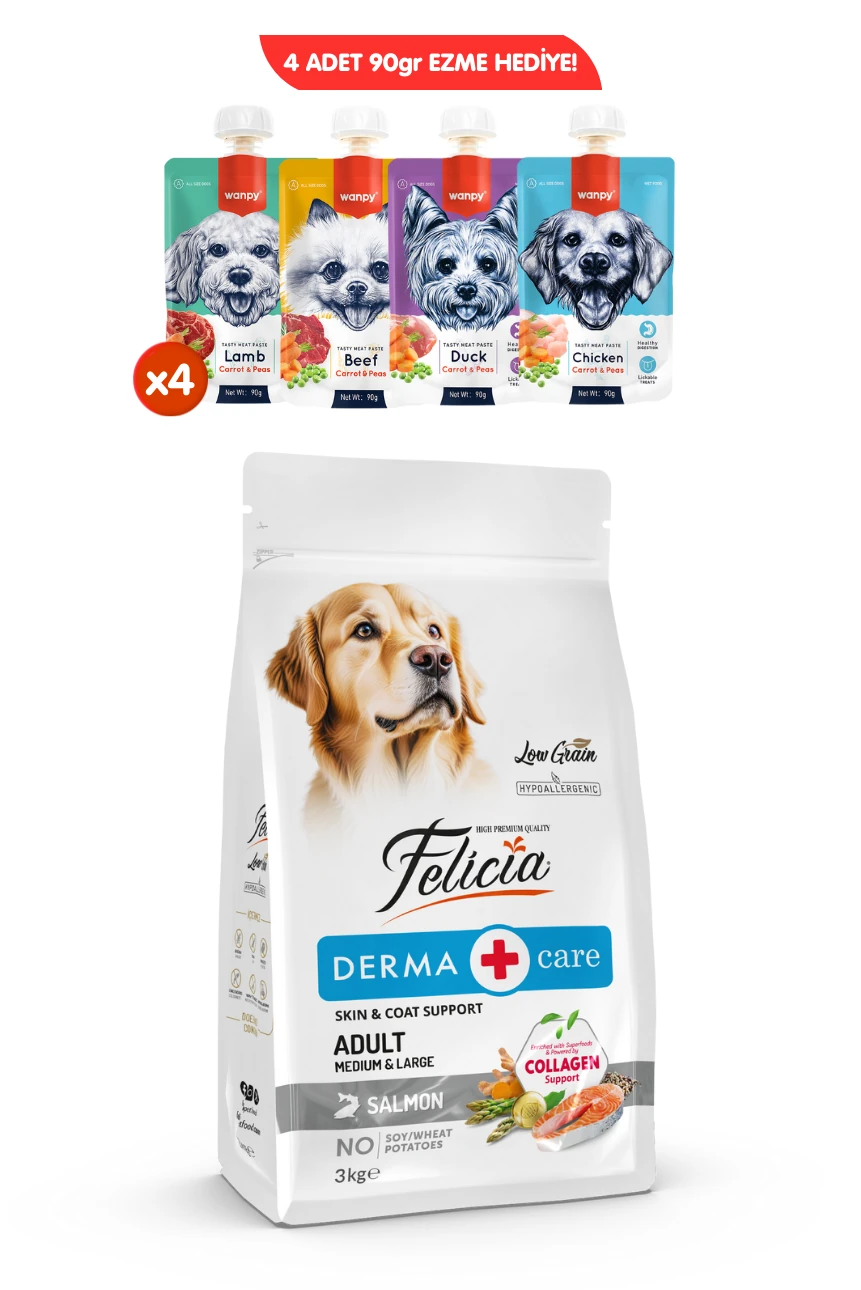 Kolajenli Somonlu Az Tahıllı M/Large Yetişkin Köpek Maması Breed HypoAllergenic 3KG + 4 ADET Wanpy Ezme 90gr