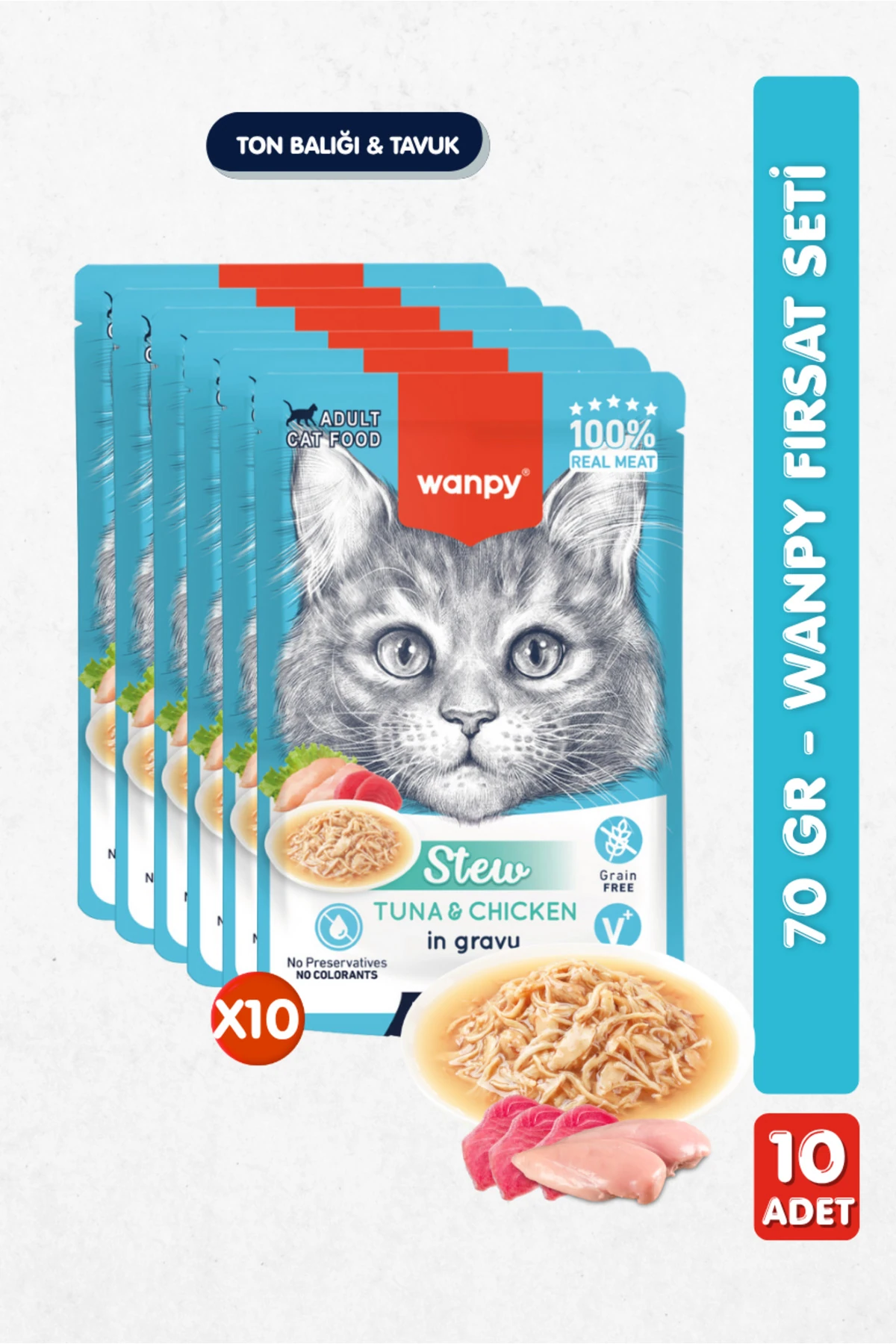 10lu Yetişkin Kedi Yaş Maması Ton Balıklı & Tavuklu Premium Kalite 10 x 70 gr