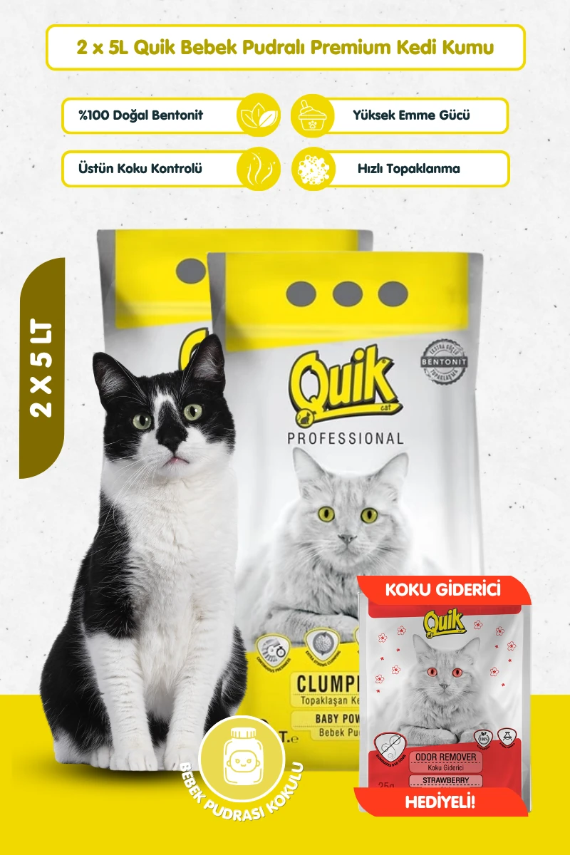 2 Adet 5LT Bebek Pudralı Bentonit Topaklaşan Kokusuz Kedi Kumu 5LT x 2 Adet
