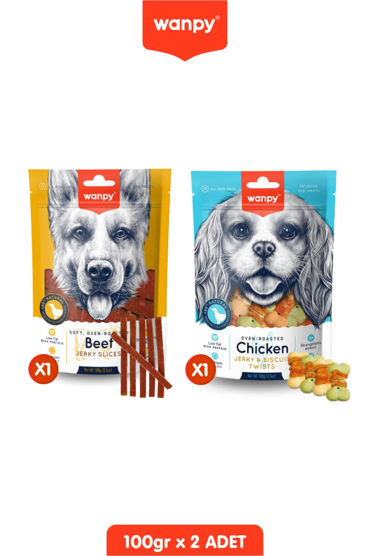 2li Set - Dana Biftek Dilimleri ve Ödül Bisküvisi Tavuk Sargılı Köpek Ödül Maması Köpek Ödülü 100 Gr