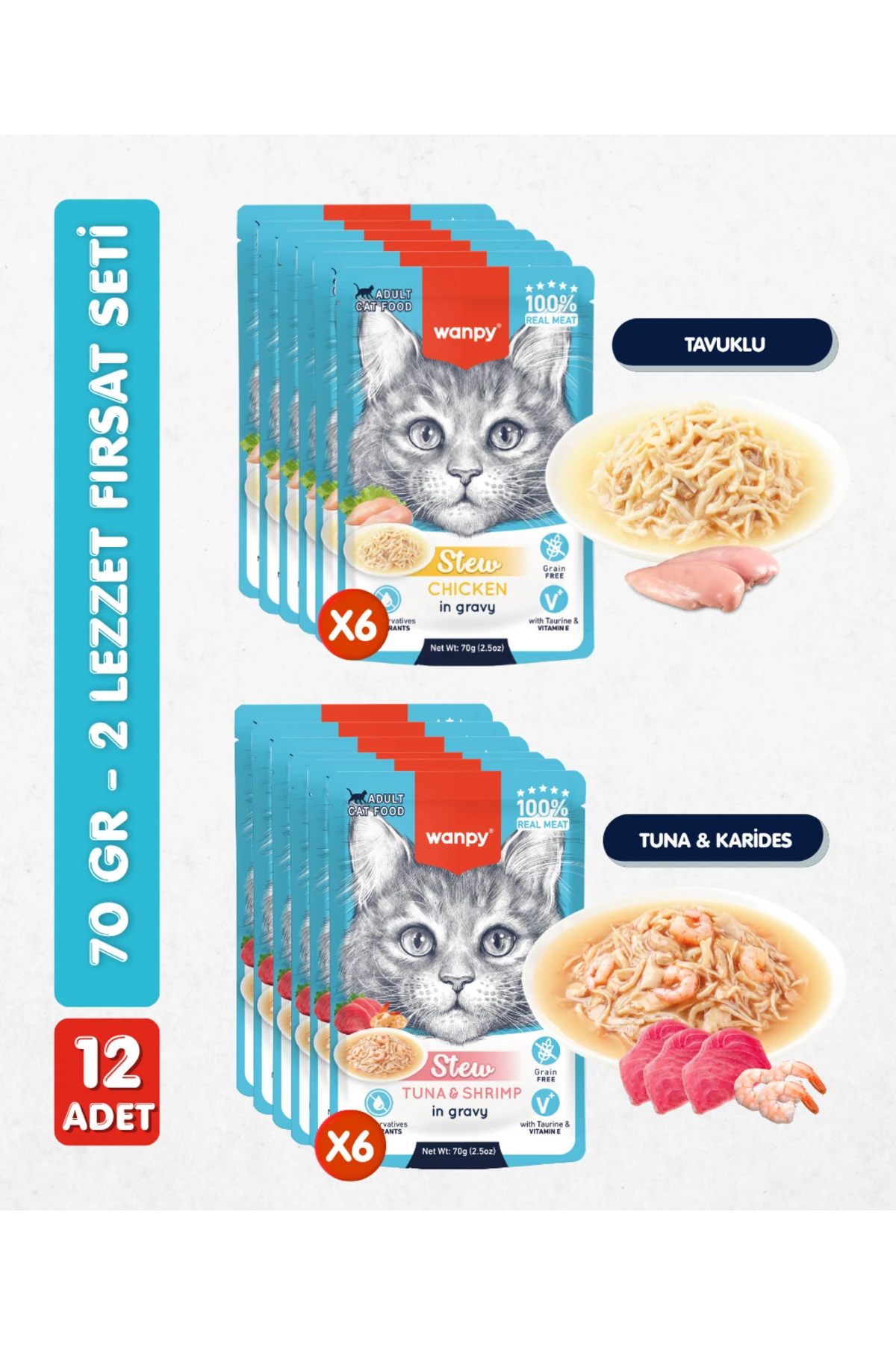12li Karışık Yetişkin Kedi Yaş Maması 2 Lezzet Ton Karides & Tavuk Premium Kalite 12 x 70 gr