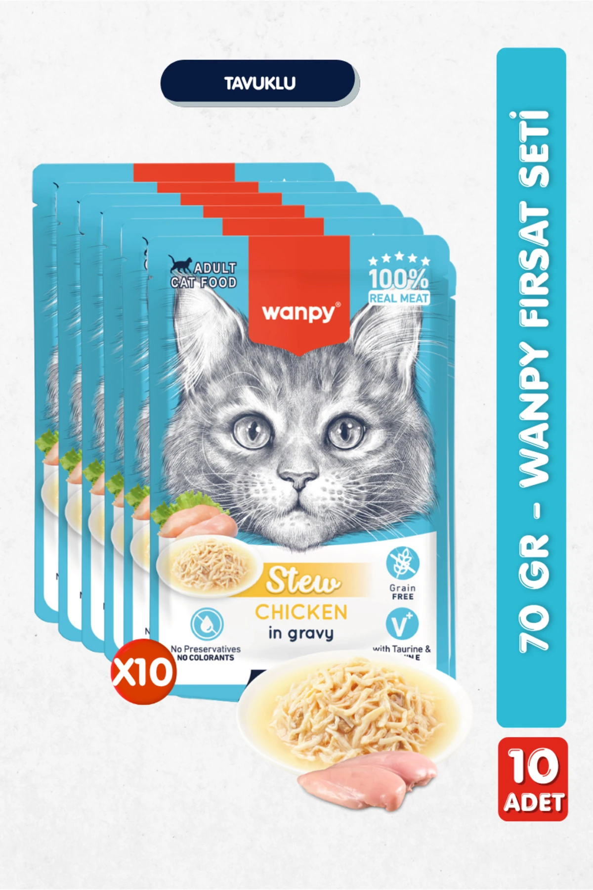 10lu Yetişkin Kedi Yaş Maması Tavuklu Premium Kalite 10 x 70 gr