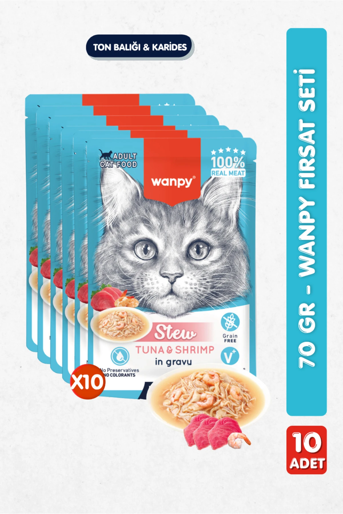 10lu Yetişkin Kedi Yaş Maması Ton Balığı & Karides Premium Kalite 10 x 70 gr