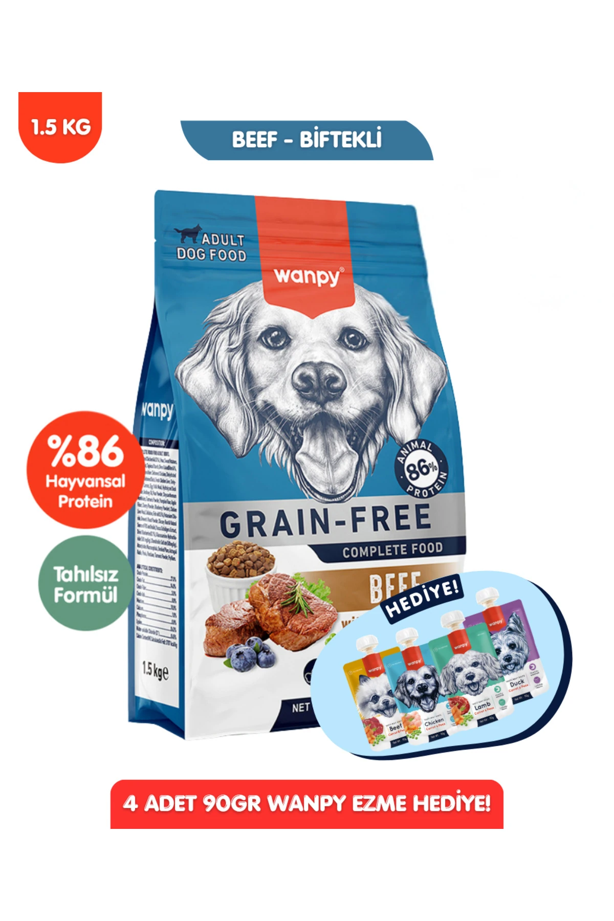 Hediyeli Sığır Etli Tahılsız Yetişkin Köpek Maması 1,5kg + 4lü Köpek Yaş Mama 90GR