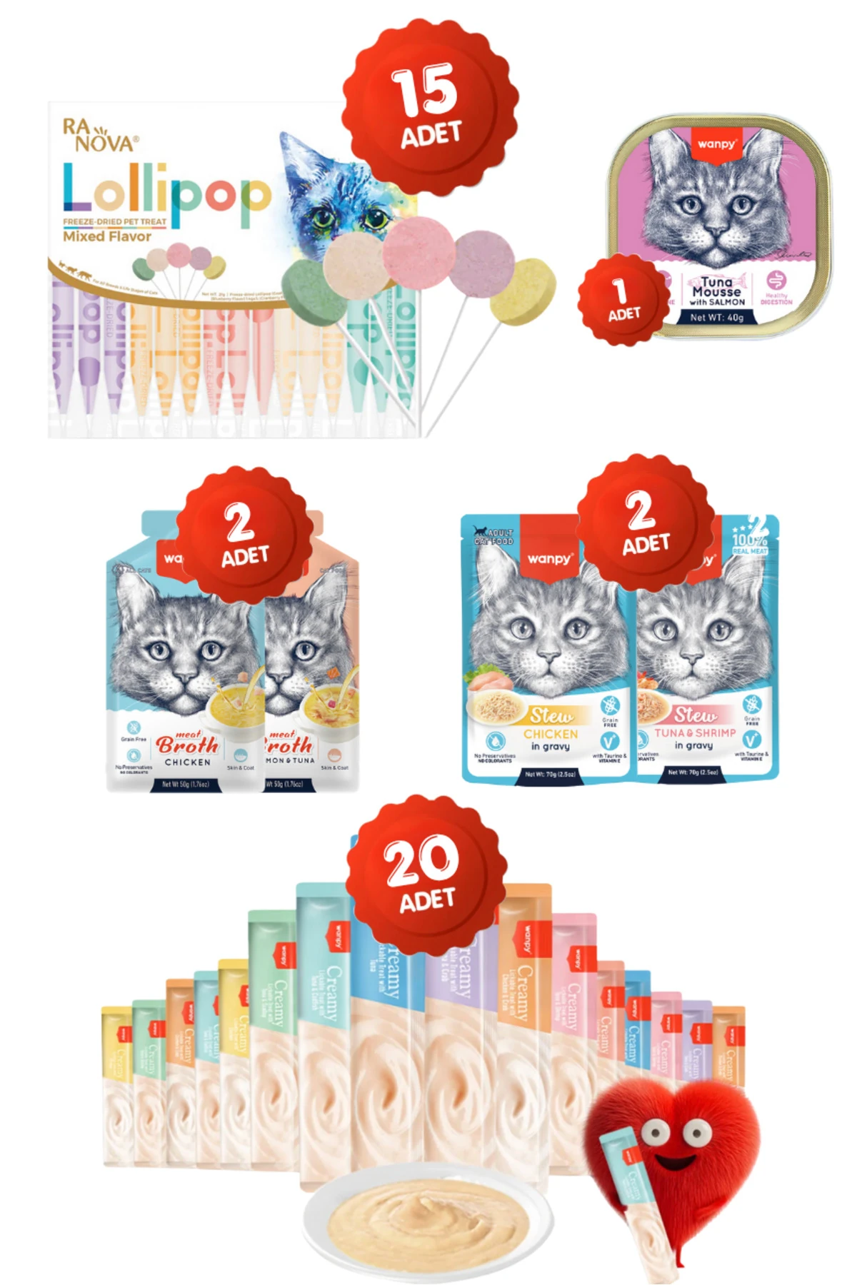 Ödül Seti: Krema Kedi Ödül Maması 60lı + 15li Karışık Lolipop + 2li Çorba + 2li Pouch + 1 Yaş Mama