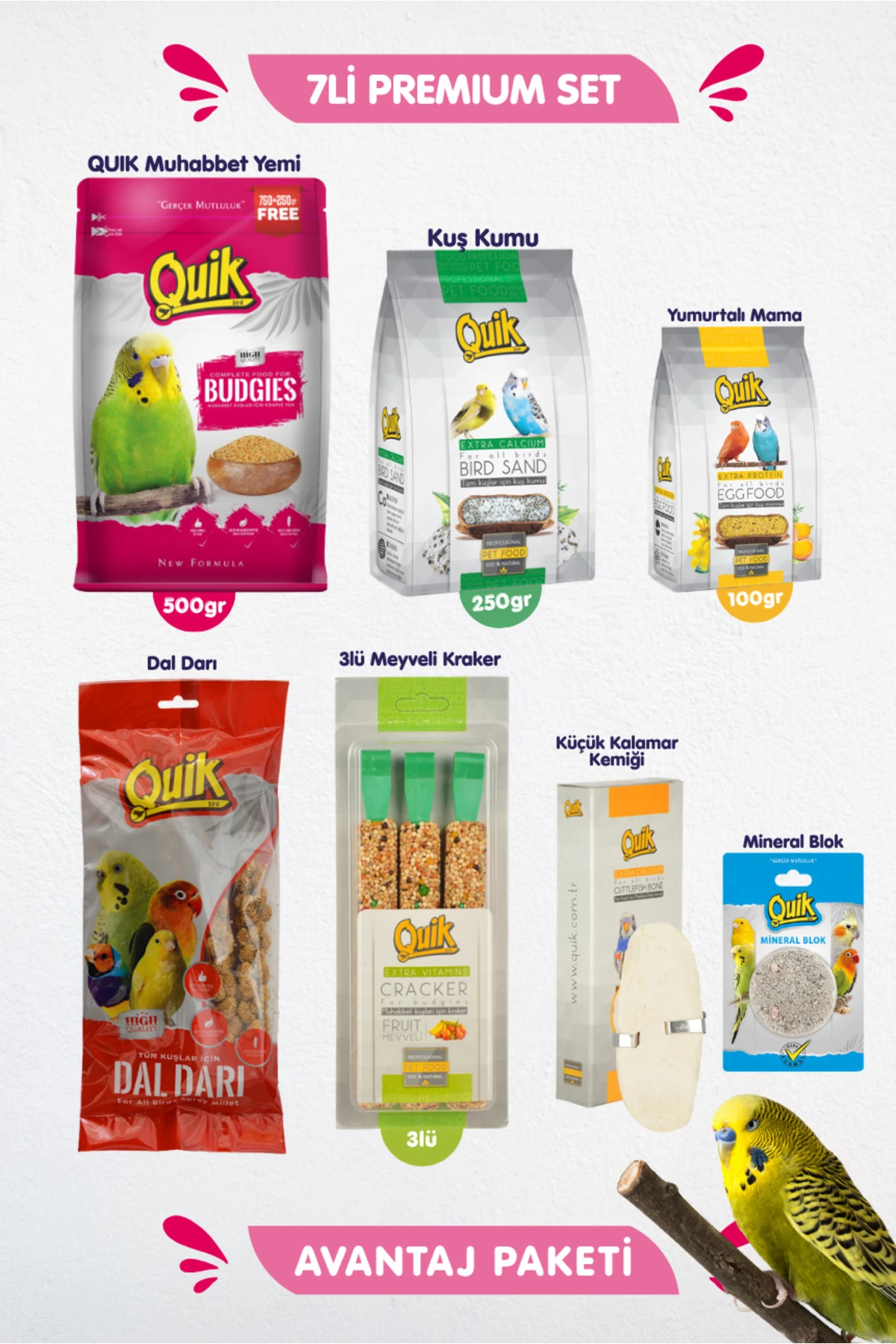 7li Set - Muhabbet Kuşu Besin Vitamin Bakım Başlangıç Seti - Kraker Min. Blok Muhabbet Yemi Dal Darı