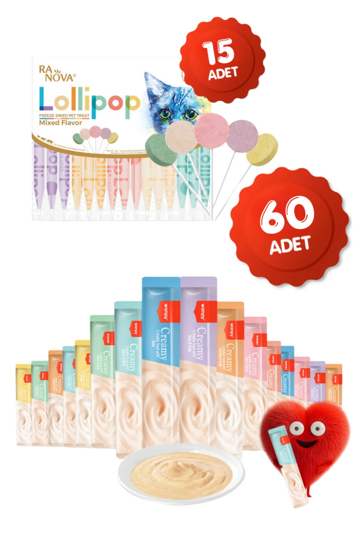 Krema Kedi Ödül Maması 60 Adet 14gr 15li Karışık Lezzet Lolipop Kedi Ödülü Hediyeli