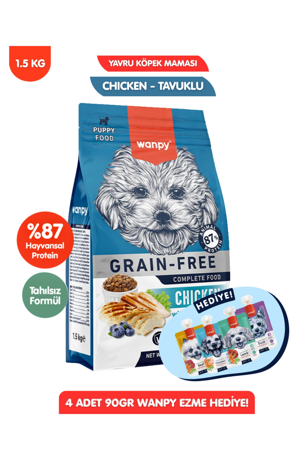 HEDİYELİ Tahılsız Tavuklu Yavru Köpek Maması 1,5 kg + 4lü Yaş Mama 90GR Hediyeli!