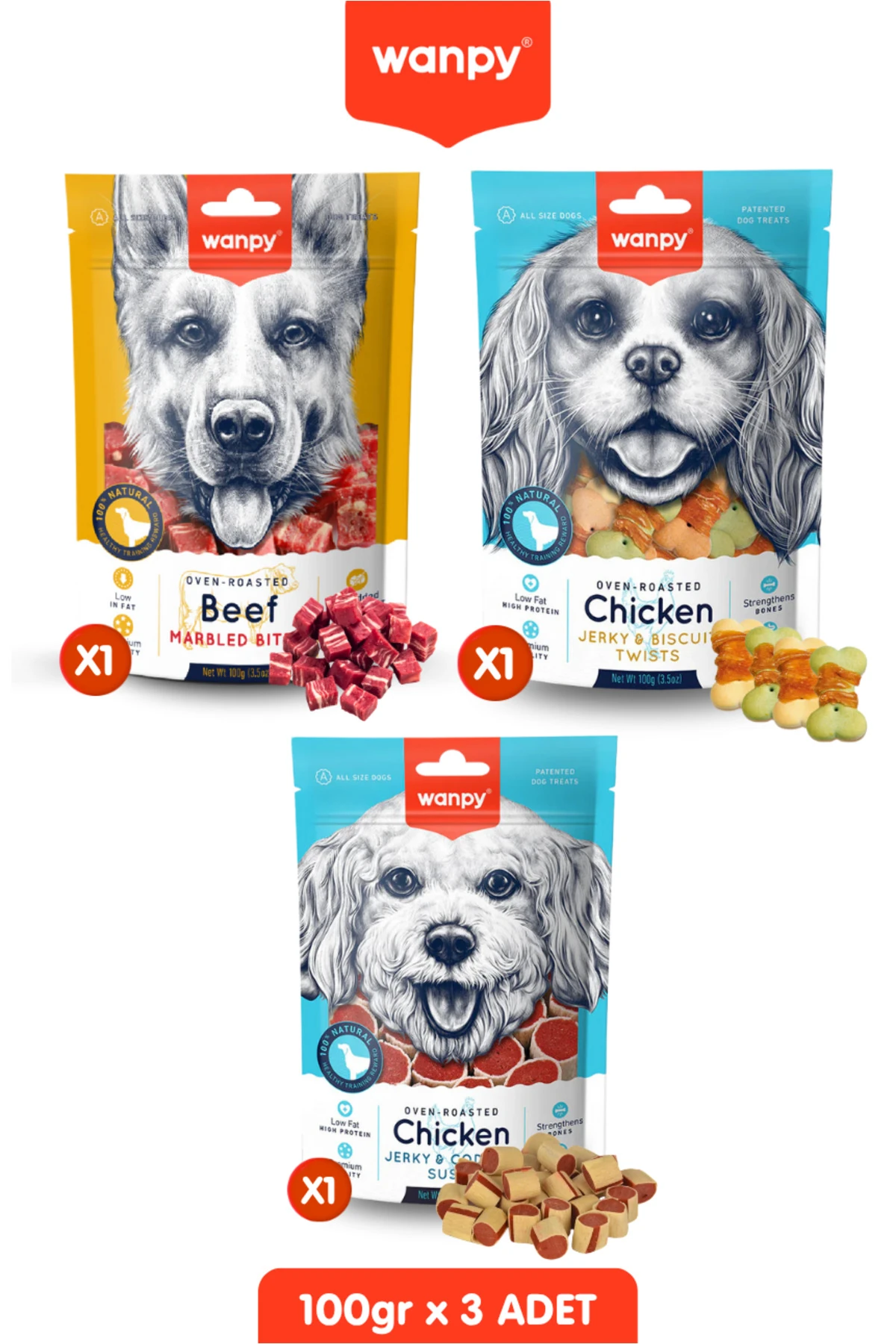 3lü Köpek Ödülü Seti - Sargılı Bisküvi, Et Parçaları ve Tavuk & Morina Köpek Ödül Maması 100gr