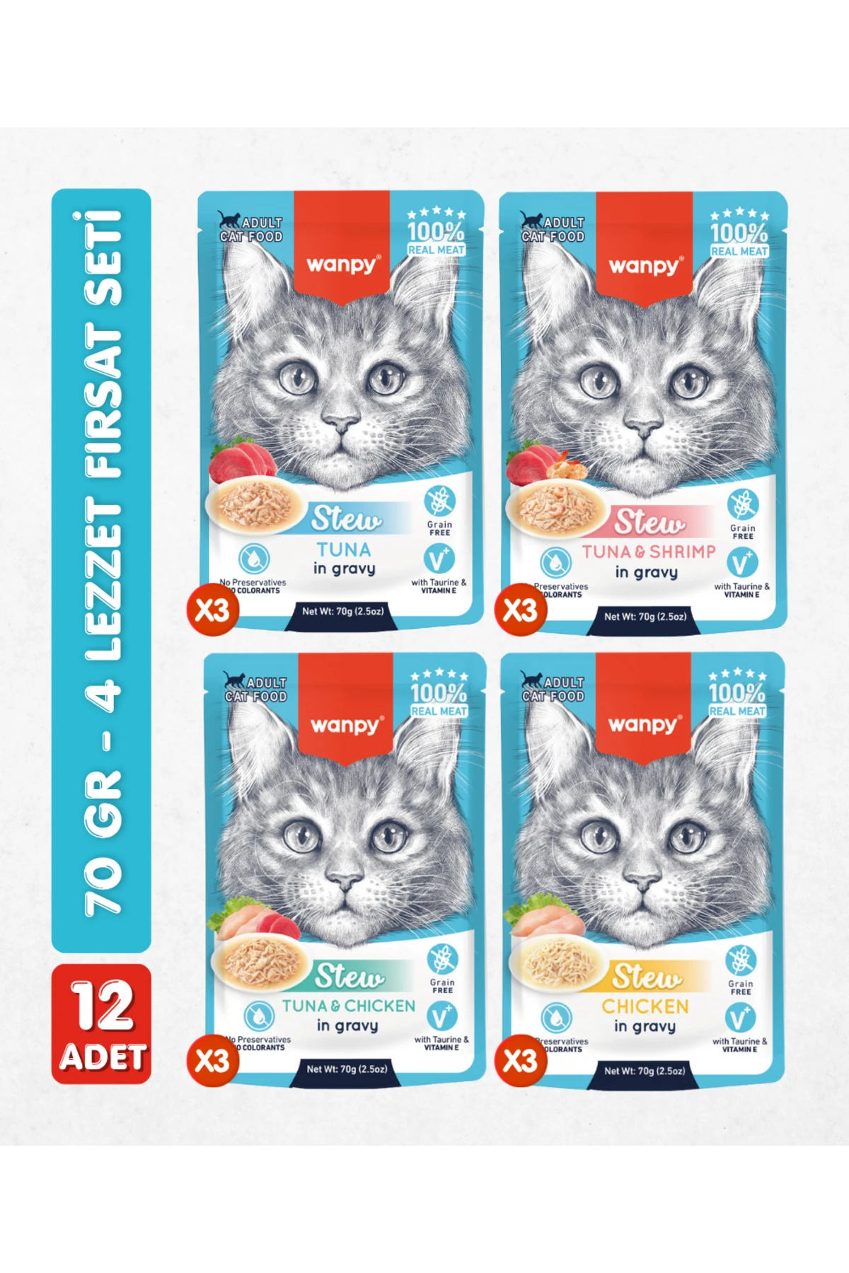 12li Karışık Yetişkin Kedi Yaş Maması 4 Lezzet Premium Kalite 12 x 70 gr